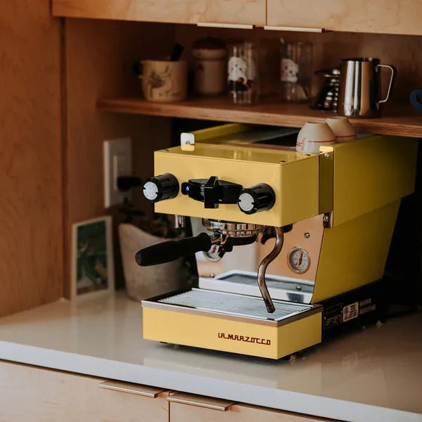 La Marzocco Linea Micra Espresso Machine in yellow. Front view of the machine.