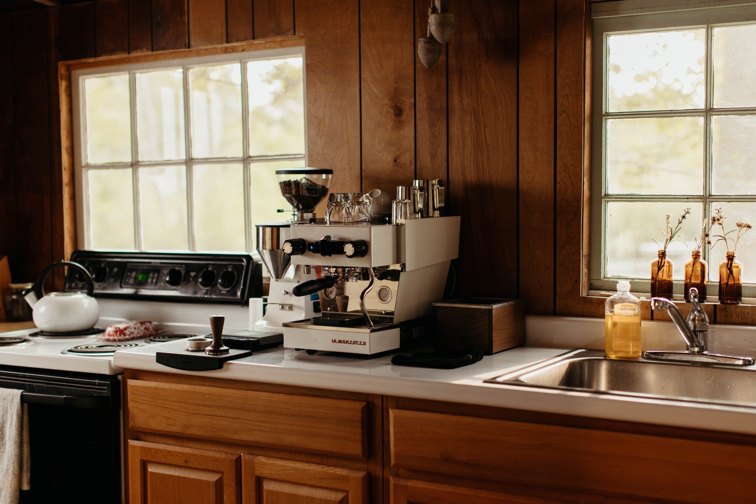 La Marzocco Linea Micra Espresso Machine in white. Front view of the machine.