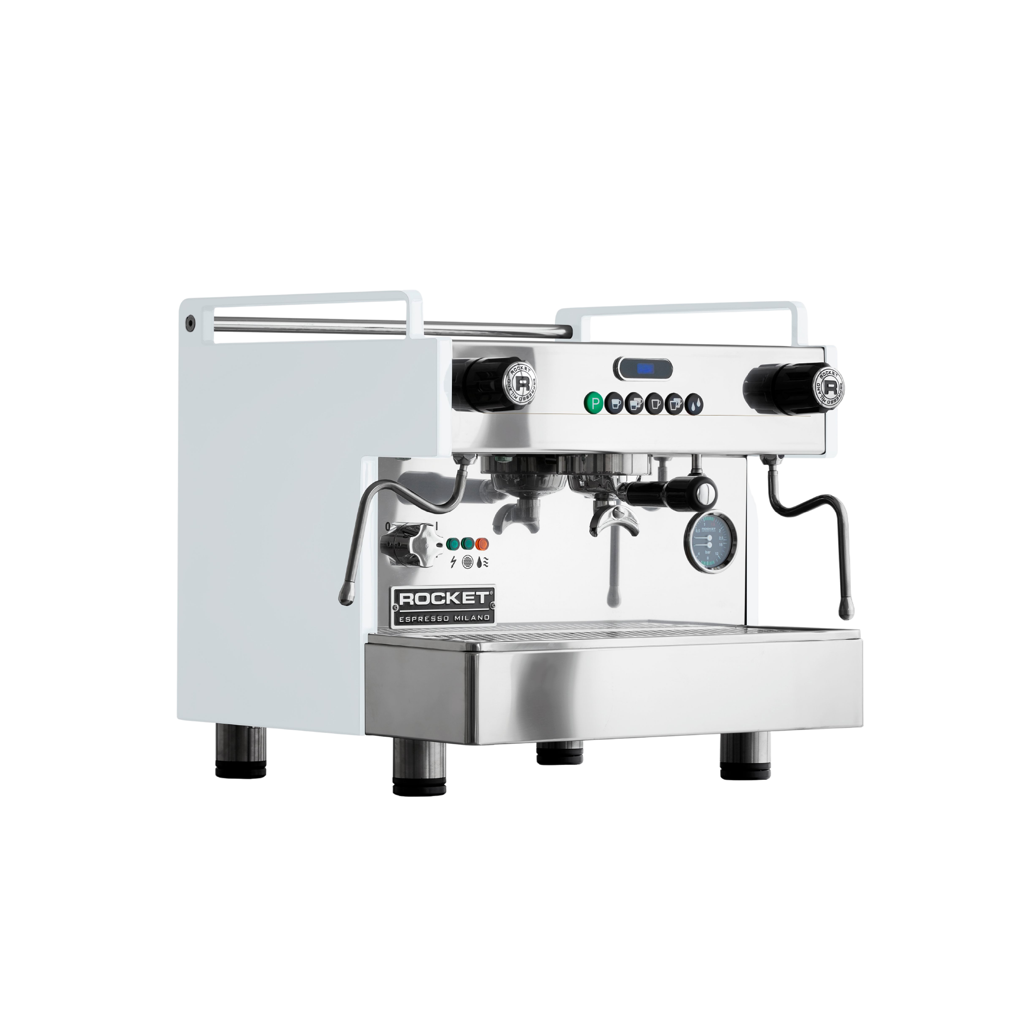 Rocket Espresso Boxer Timer Commercial Espresso Machine 1 grouphead. Front view of the machine.