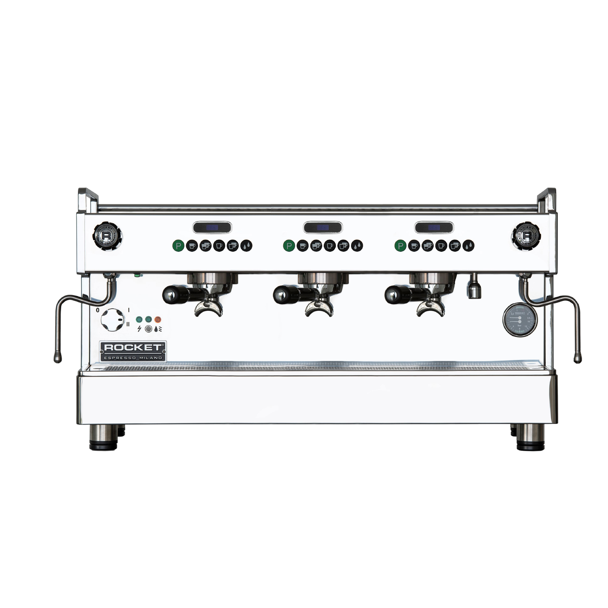 Rocket Espresso Boxer Timer Commercial Espresso Machine 3 grouphead. Front view of the machine.