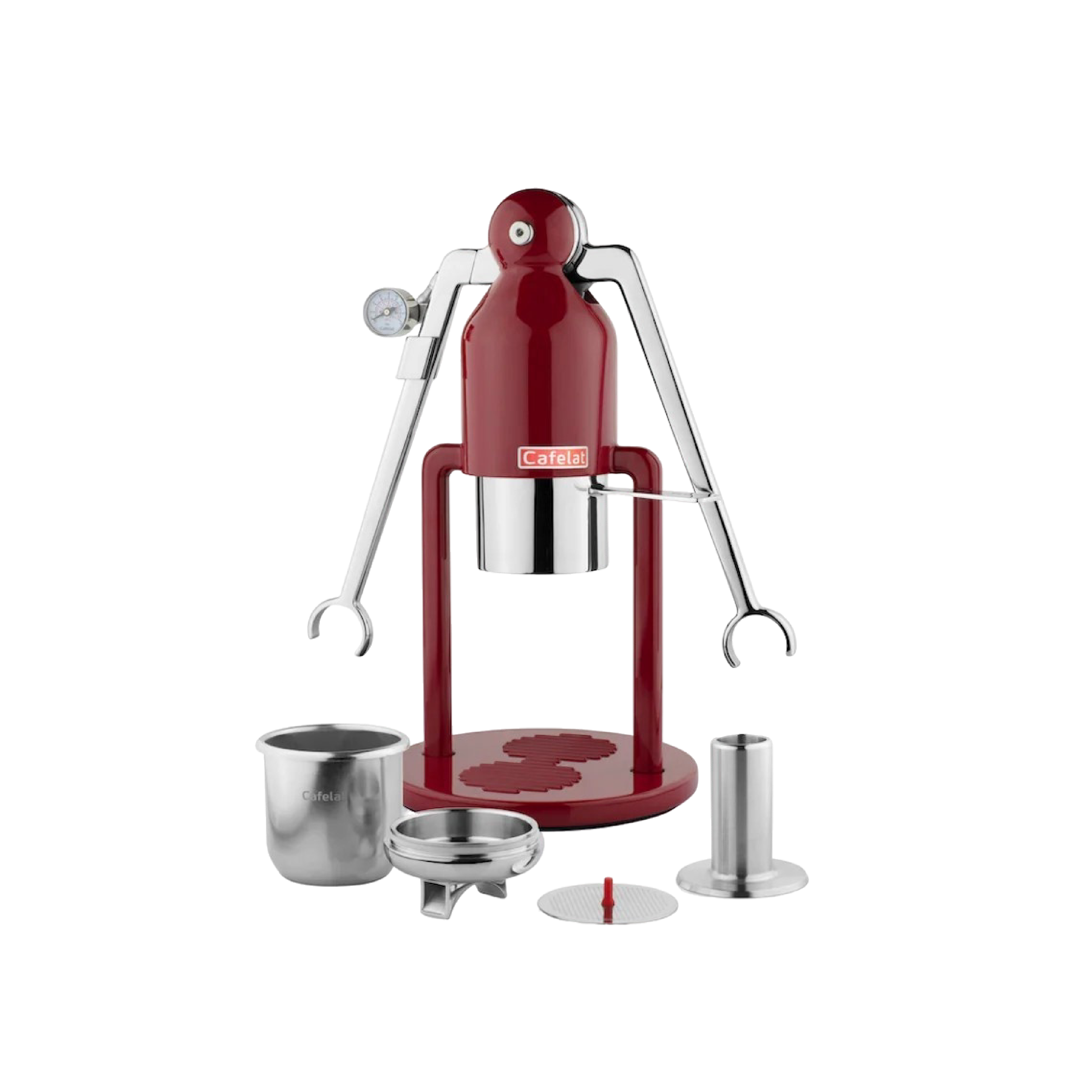 Cafelat Robot Barista Manual Lever Espresso Maker in red.