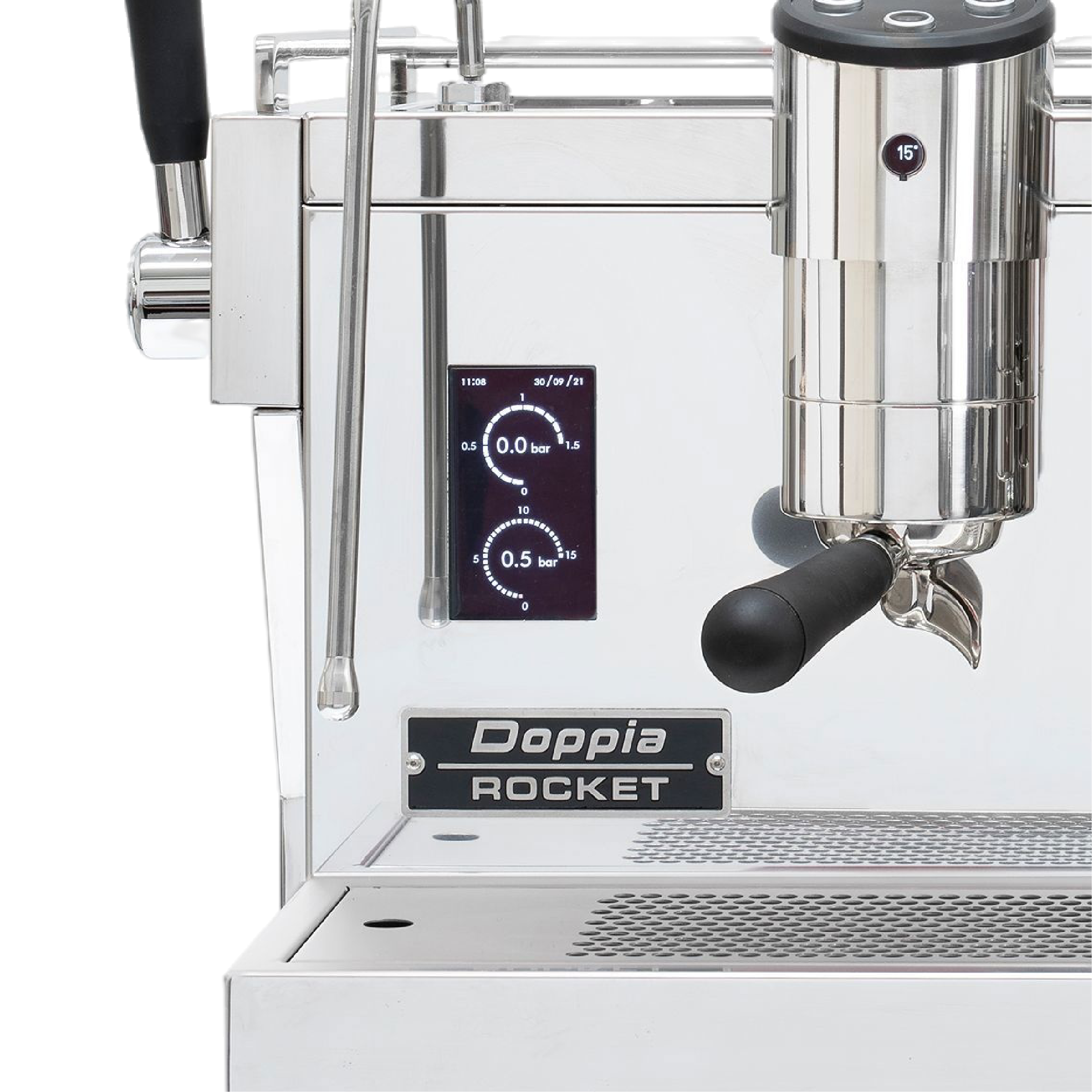 Rocket Espresso Doppia Commercial Espresso Machine. Close up of the saturated groupead, control buttons, steamwand and digital PID display.