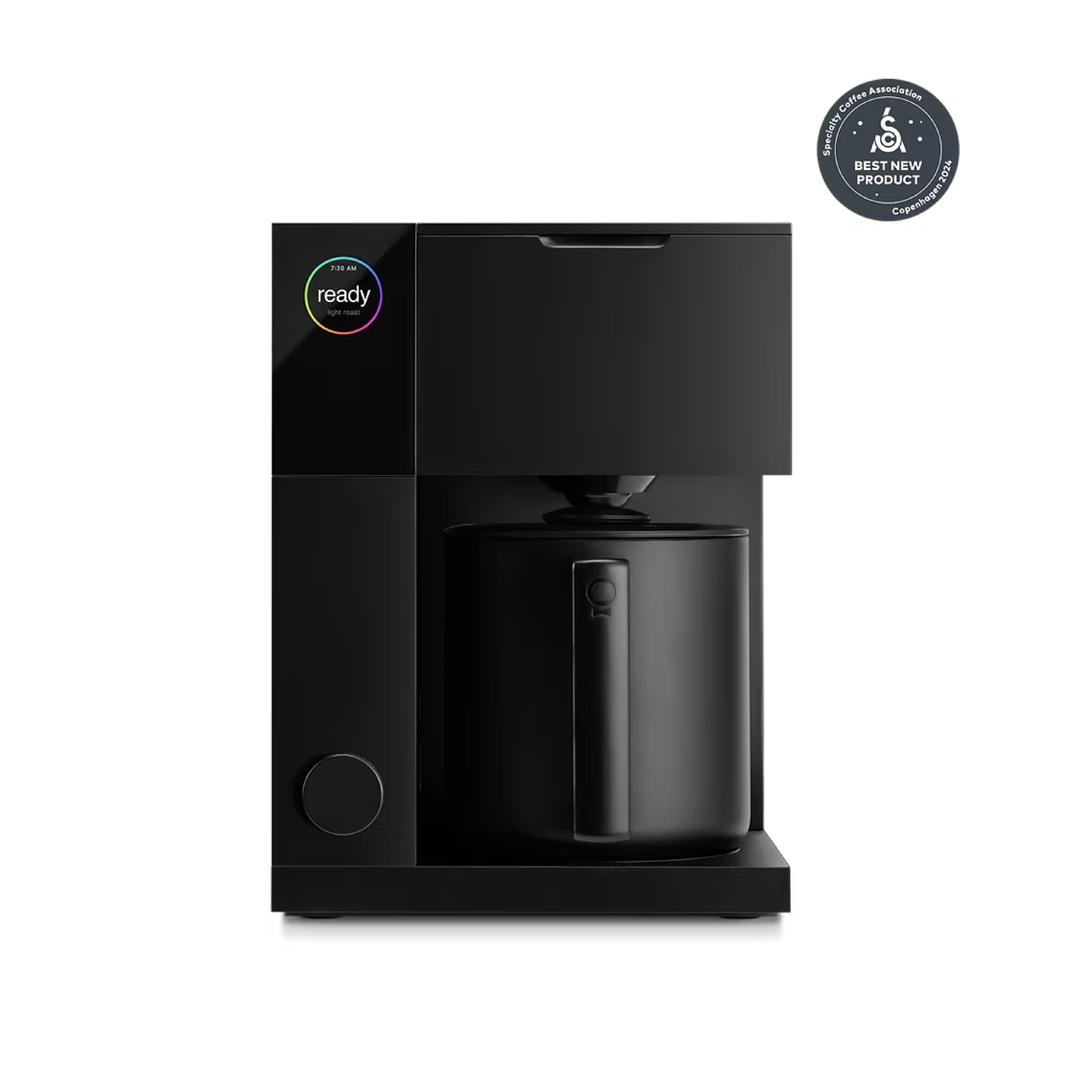 Fellow Aiden Precision Coffee Maker in matte black with thermal carafe. Front view of the machine.