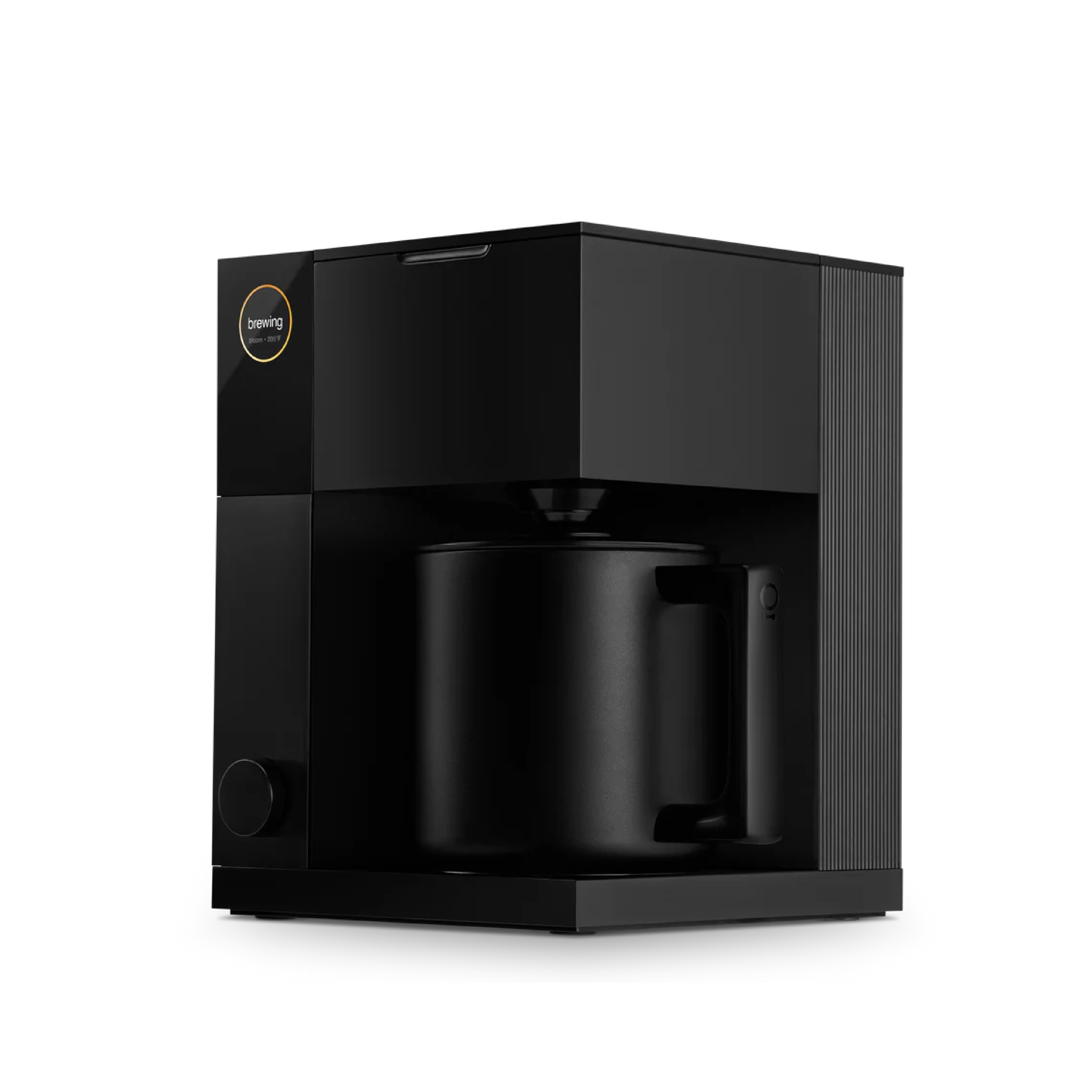 Fellow Aiden Precision Coffee Maker in matte black with thermal carafe. Diagonal view of the machine.