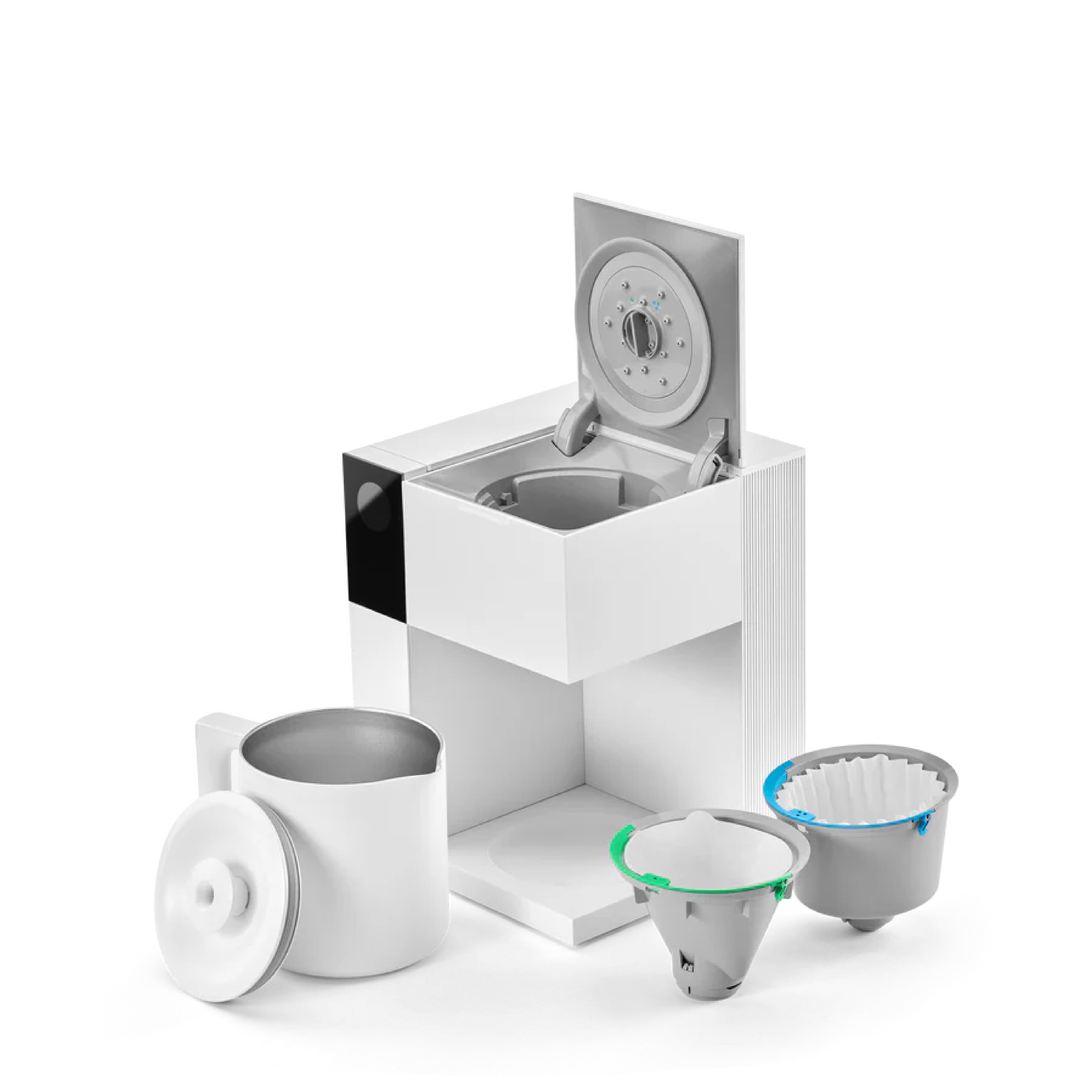 Fellow Aiden Precision Coffee Maker in matte white with thermal carafe, single-serve filter, and batch-brew basket.