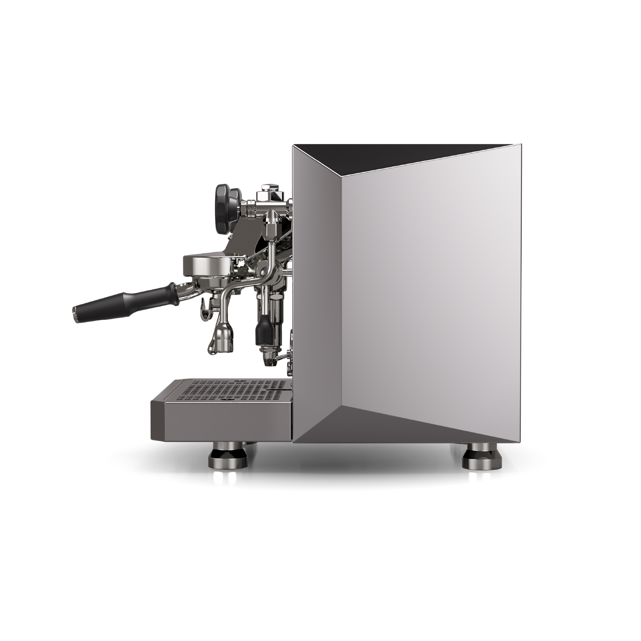 Rocket Giotto R Fast Espresso Machine in stainless steel. Side view of the machine.