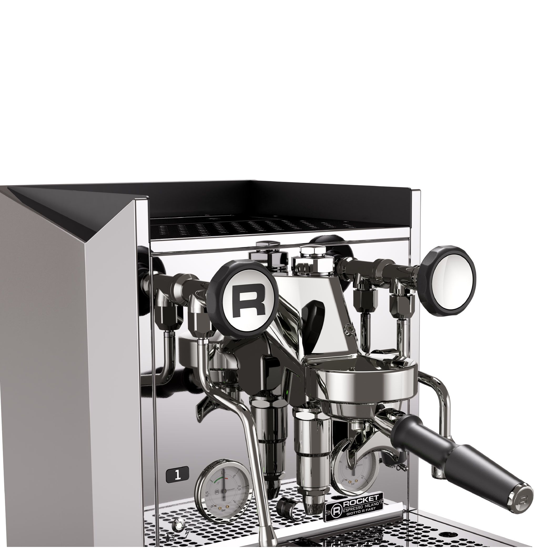 Rocket Giotto R Fast Espresso Machine in stainless steel. Close up of the grouphead with portafilter, steam knob, steamwand and dual pressure gauge.