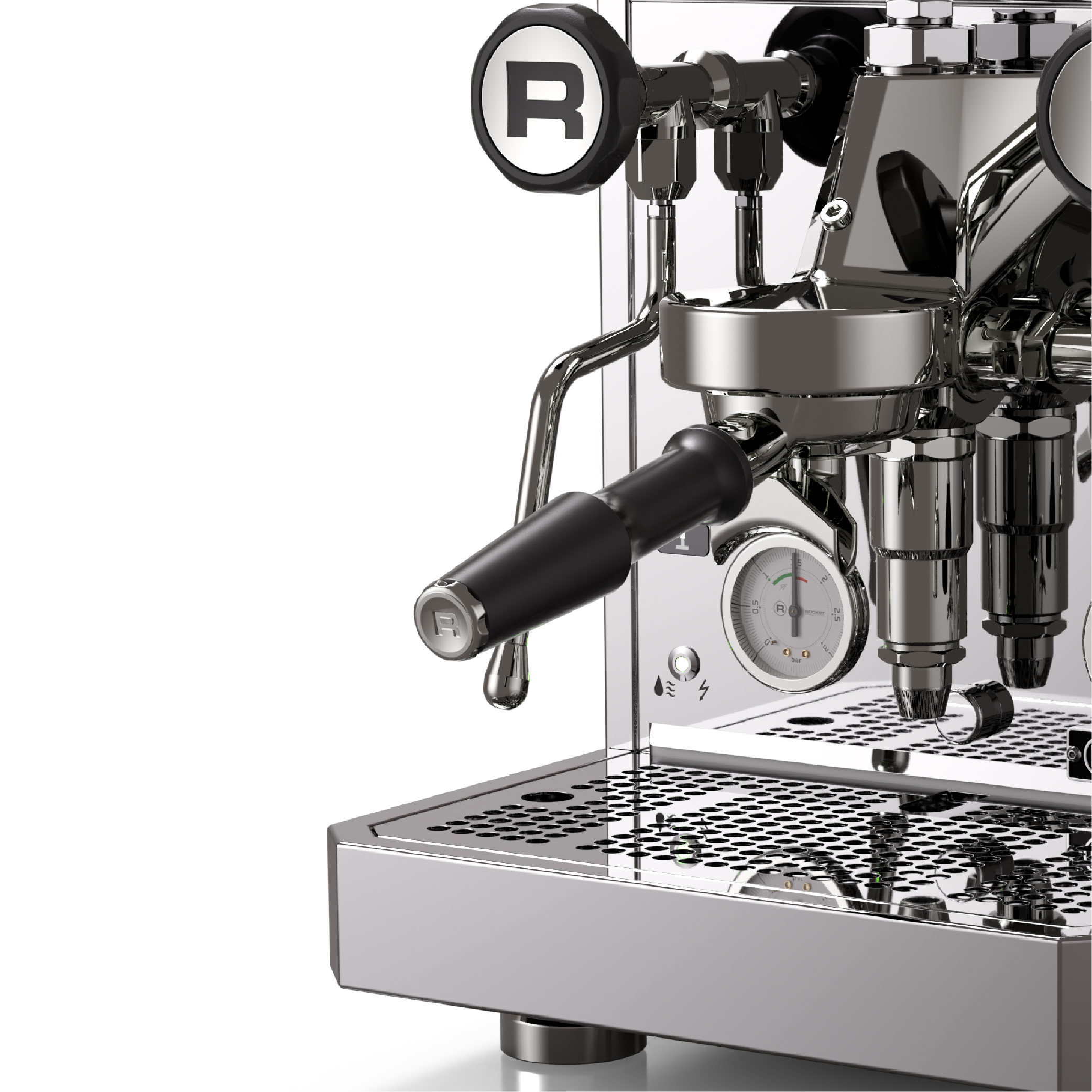 Rocket Giotto R Fast Espresso Machine in stainless steel. Close up of the grouphead with portafilter, steam knob, steamwand, pressure gauge and drip tray.