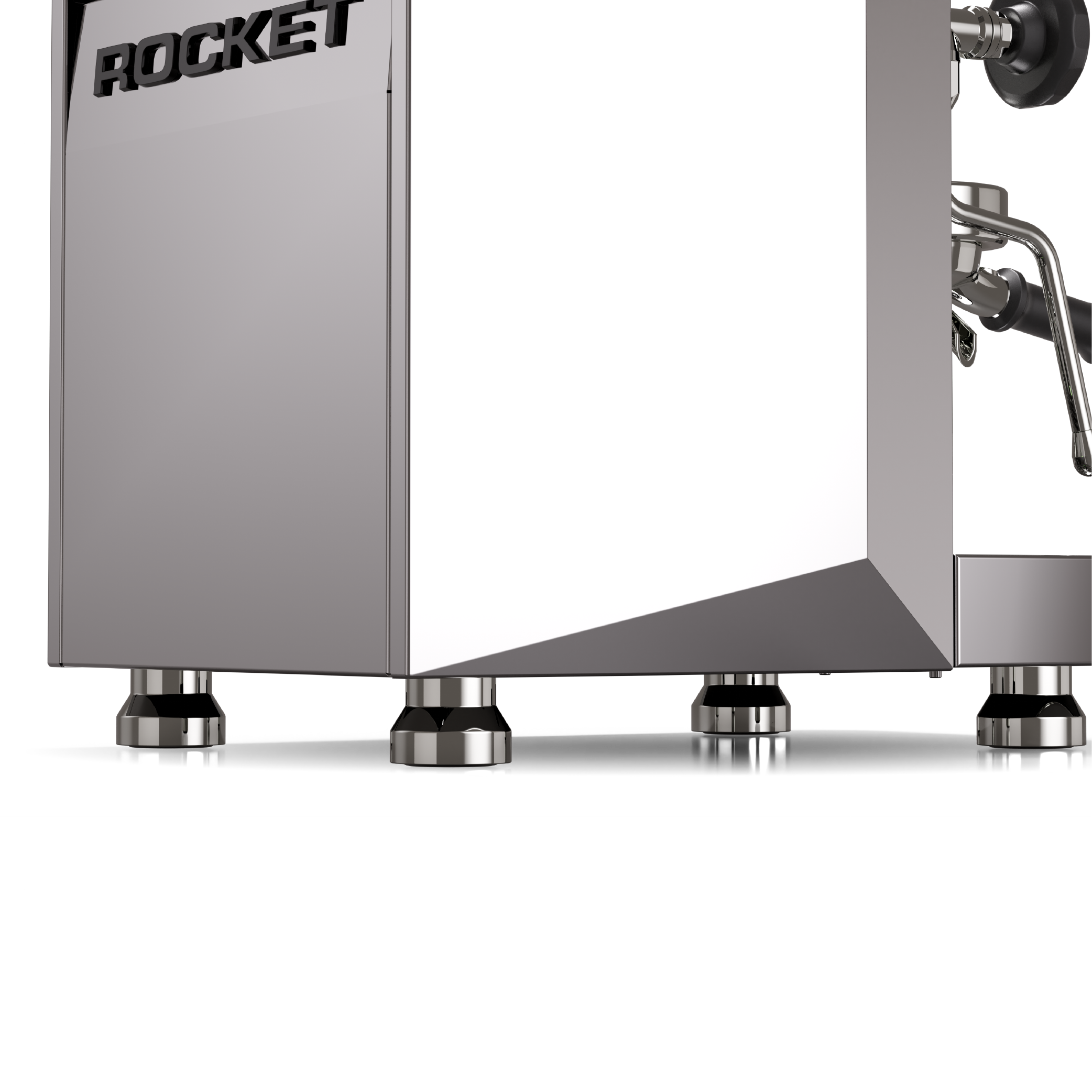 Rocket Giotto R Fast Espresso Machine in stainless steel. Close up of the height adjustable feet.