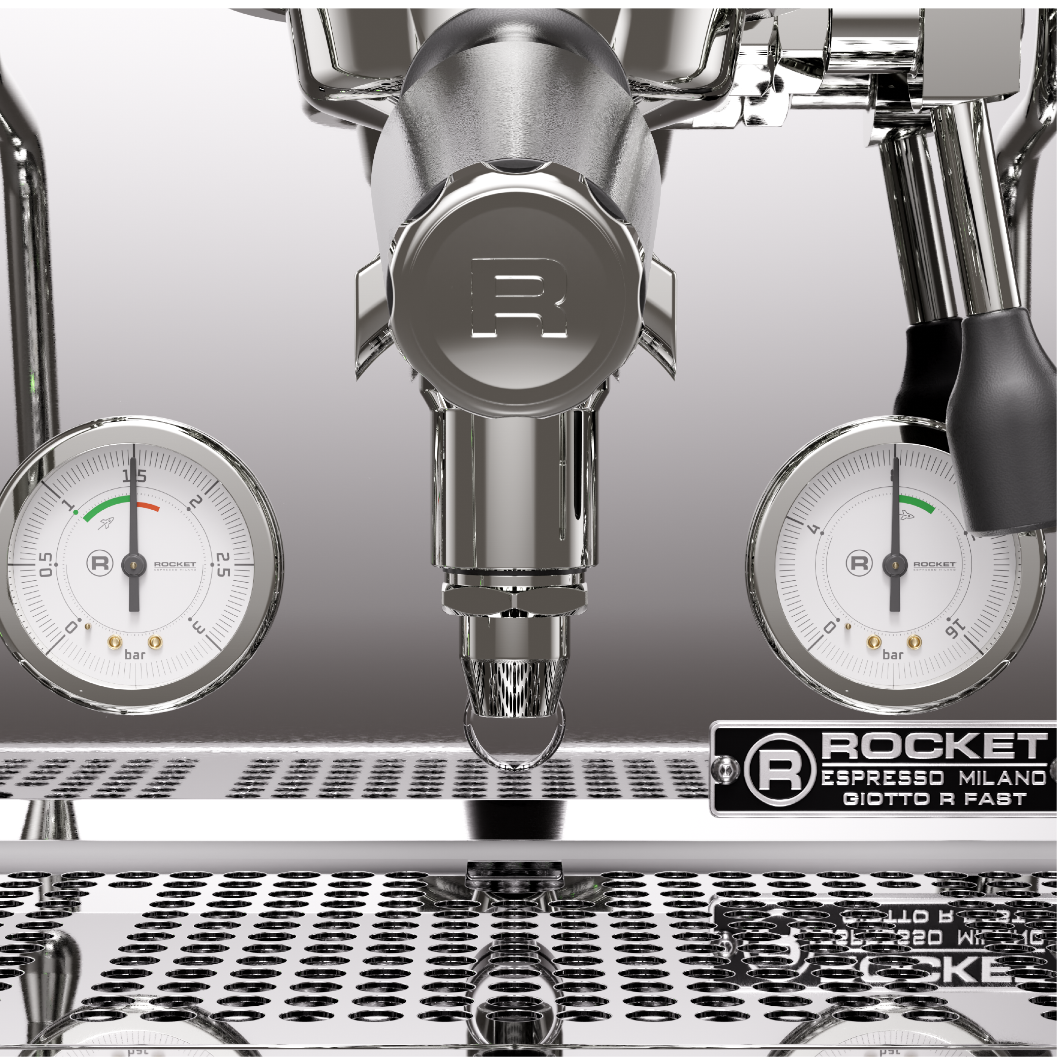 Rocket Giotto R Fast Espresso Machine in stainless steel. Close up of the dual pressure gauge.