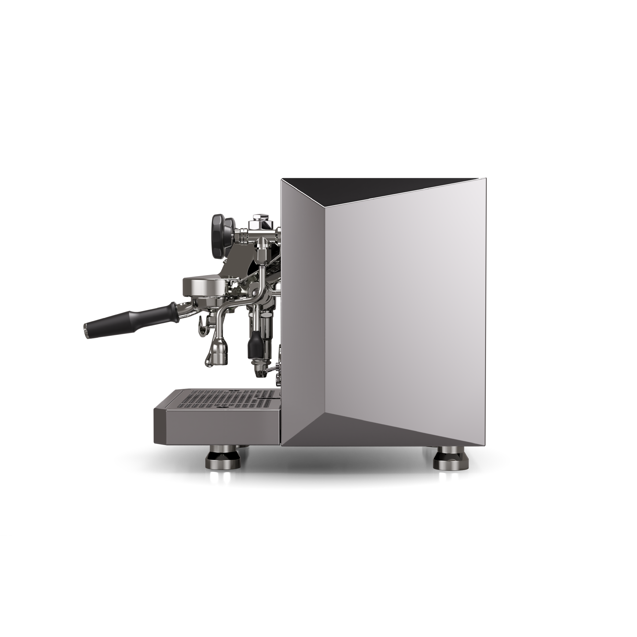 Rocket Giotto V Fast Espresso Machine in stainless steel. Side view of the machine.
