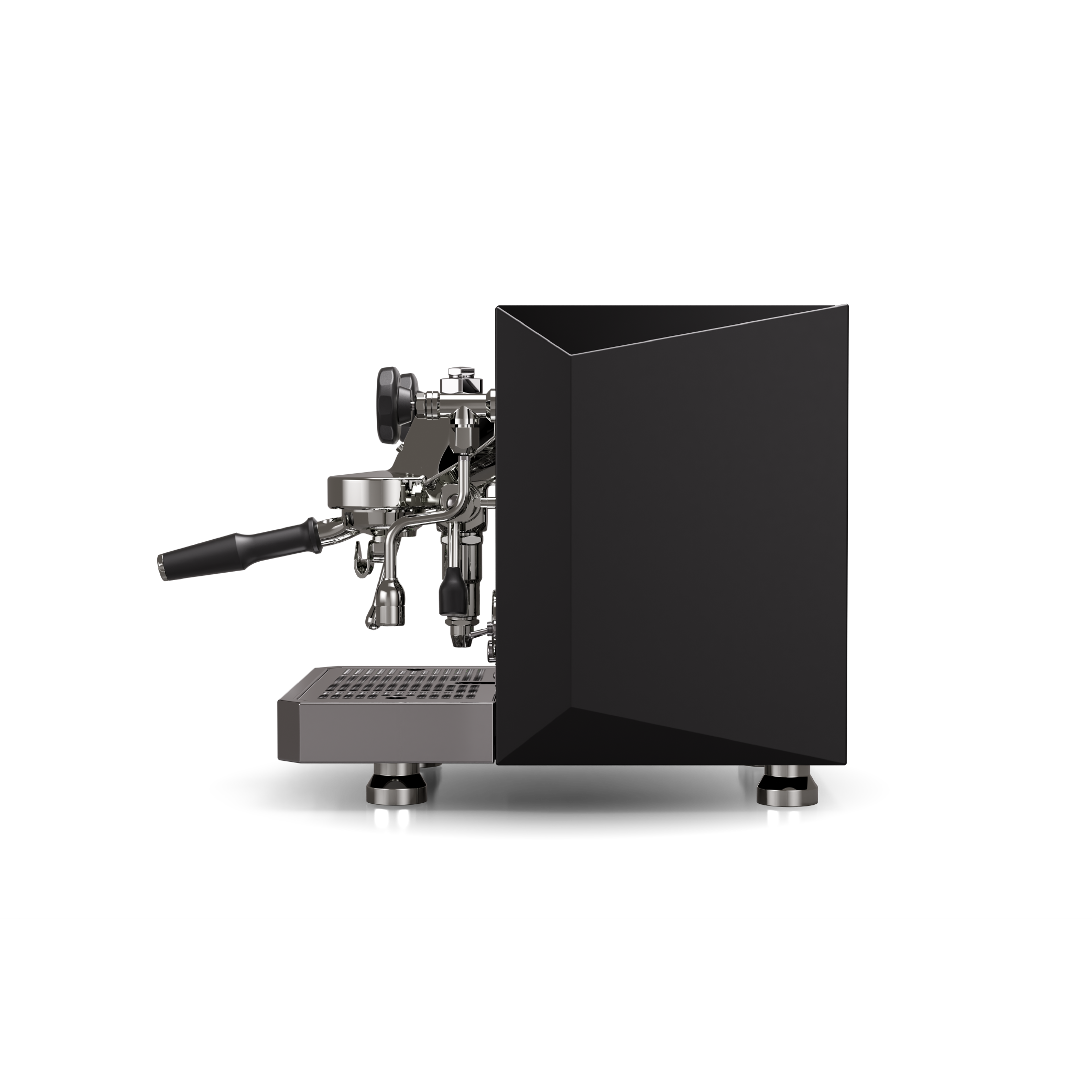 Rocket Giotto V Fast Espresso Machine in matt black. Side view of the machine.