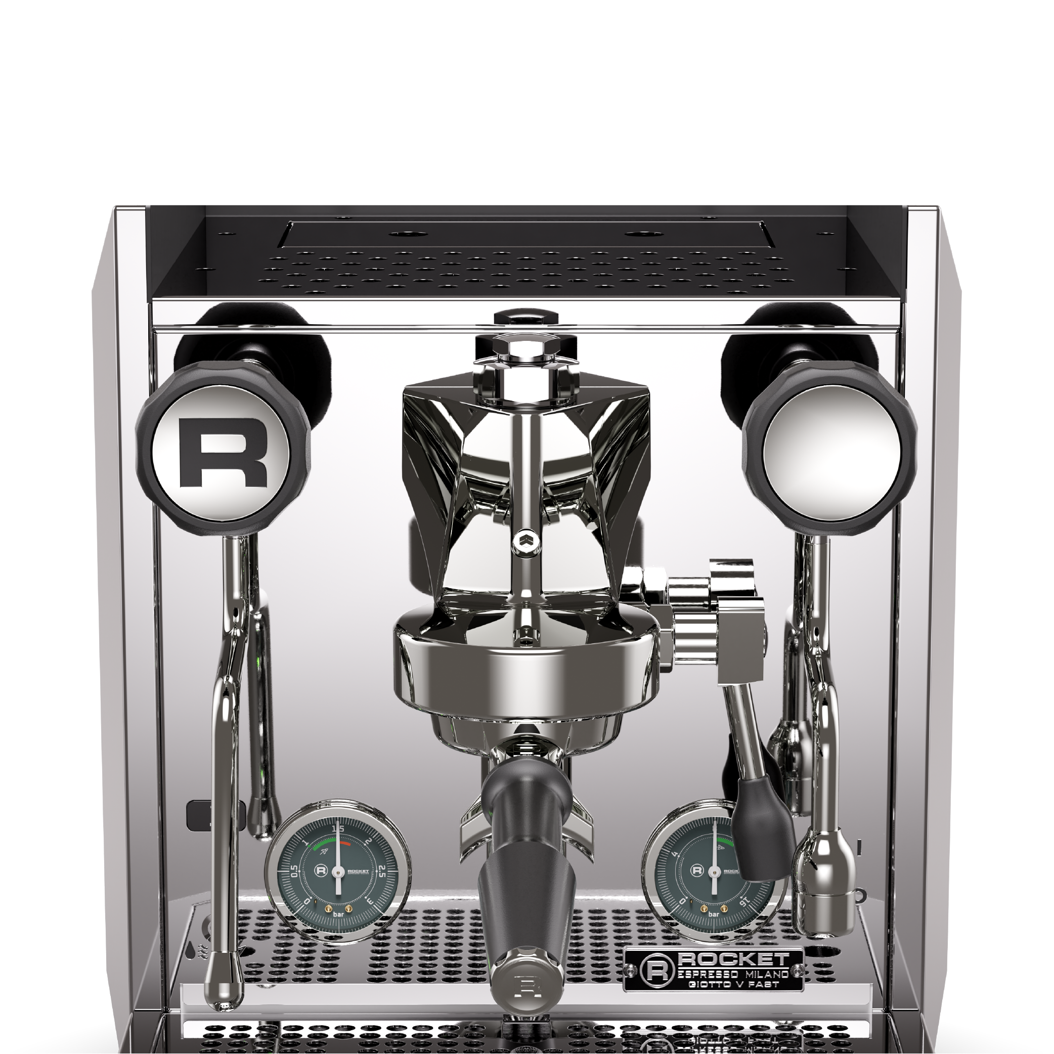 Rocket Giotto R Fast Espresso Machine in stainless steel. Close up front view of the machine.