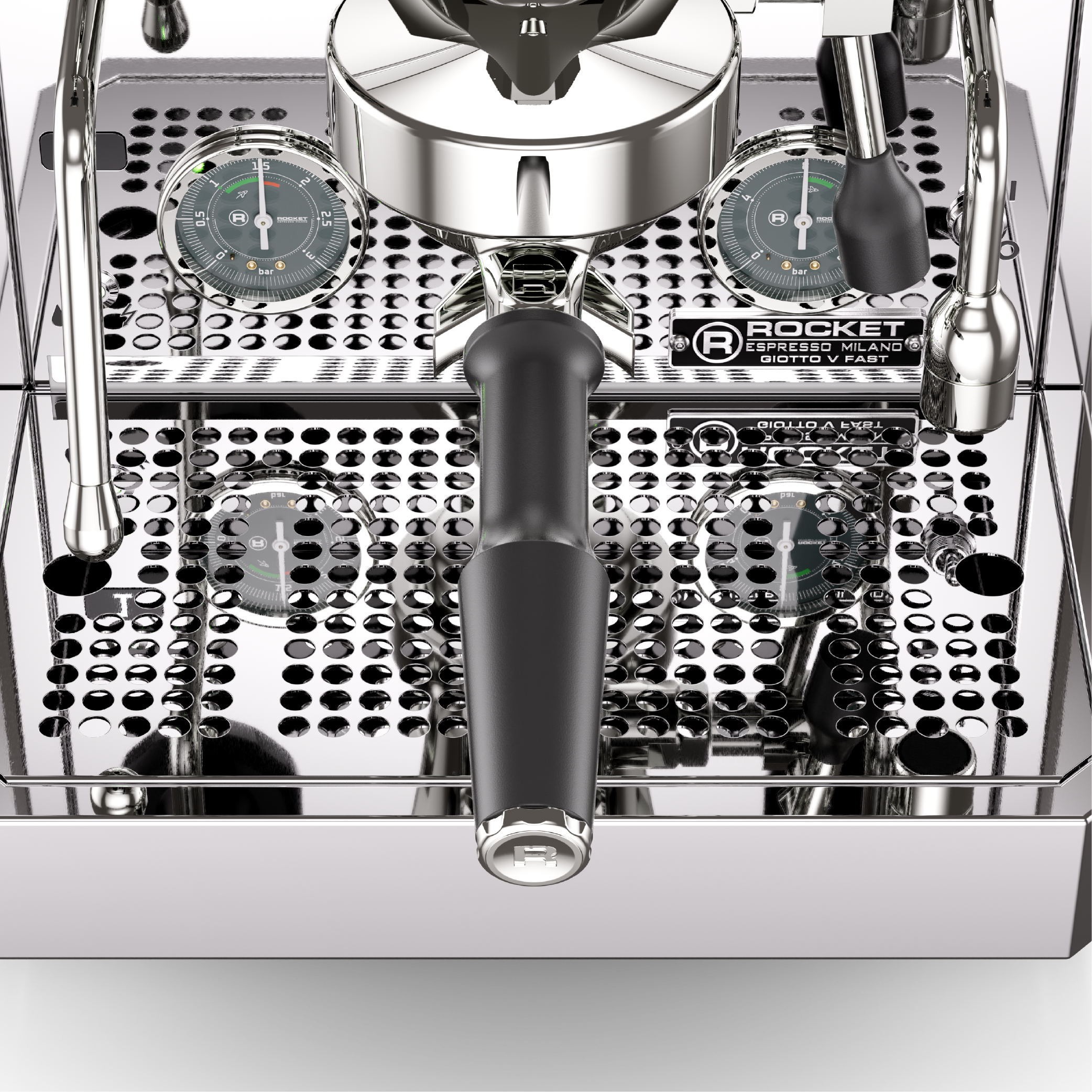 Rocket Giotto V Fast Espresso Machine in stainless steel. Close up top view of the grouphead with portafiter, steamwand, dual pressure gauge and drip tray.