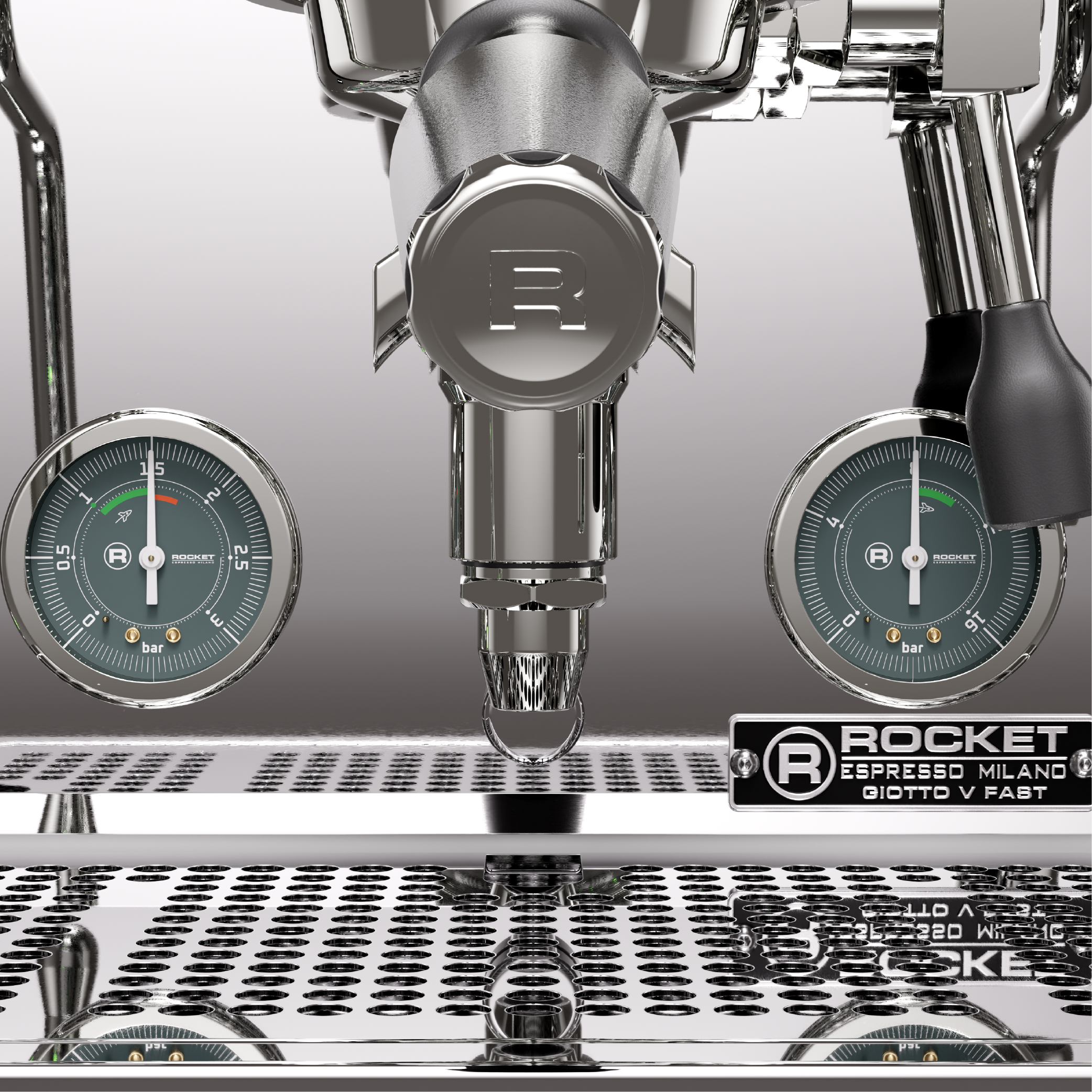 Rocket Giotto V Fast Espresso Machine in stainless steel. Close up of the dual pressure gauge.