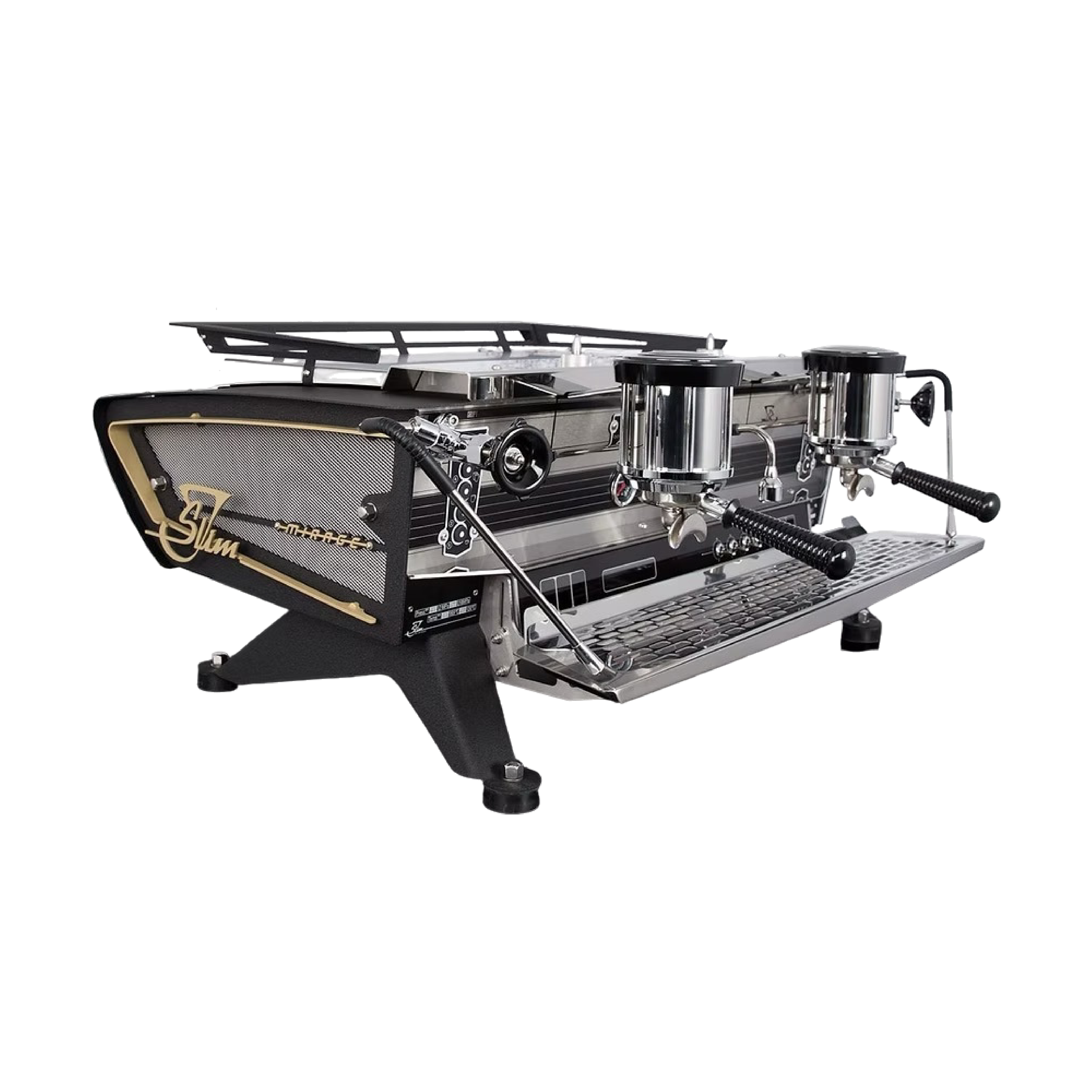 Kees Van Der Westen Slim Jim Commercial Espresso Machine duette. Front view of the machine with crackle black body, tulip turning knob, touchpad and boomerang side panel.