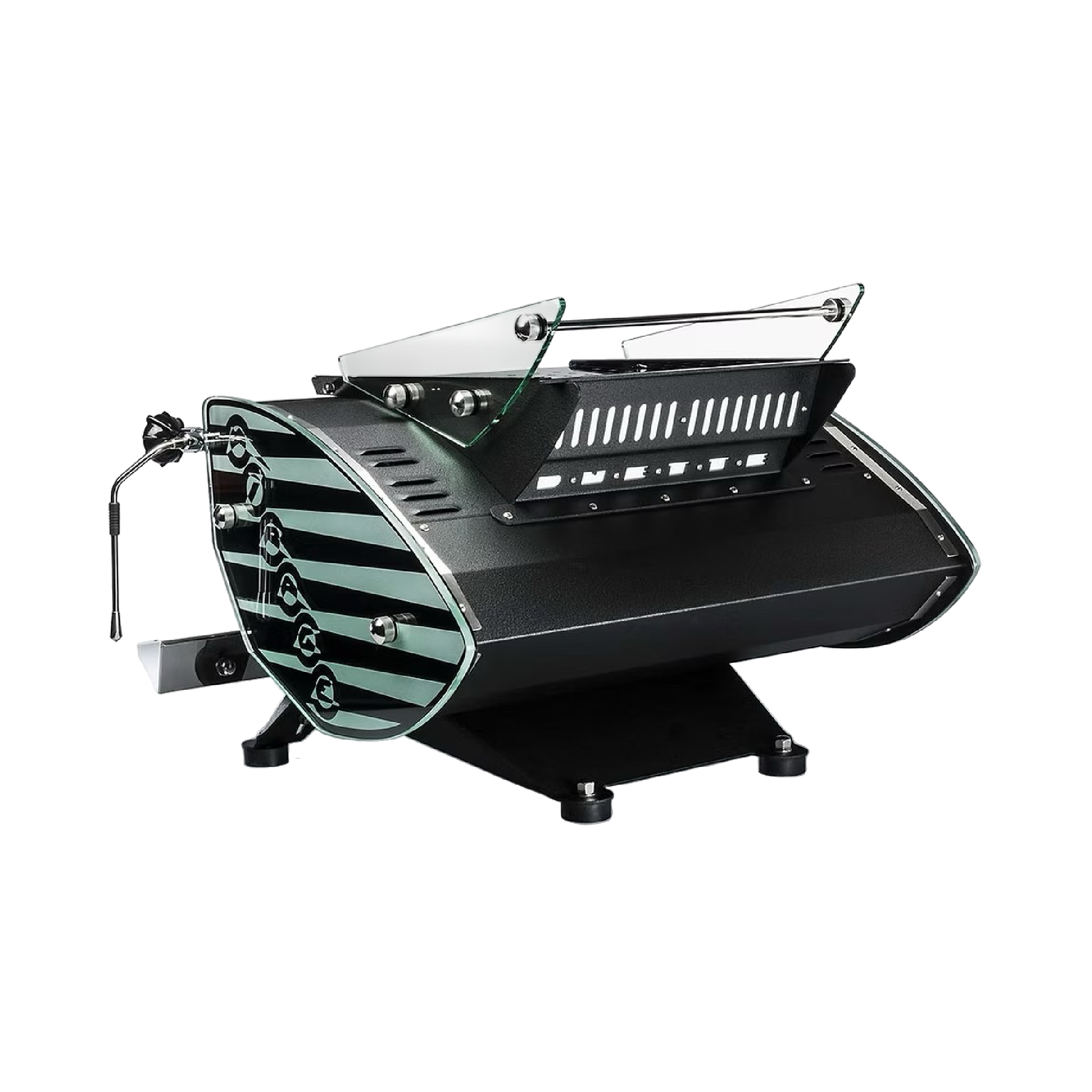 Kees Van Der Westen Mirage Duette. Back view of the machine in crackle black with glass Mirage side panel.