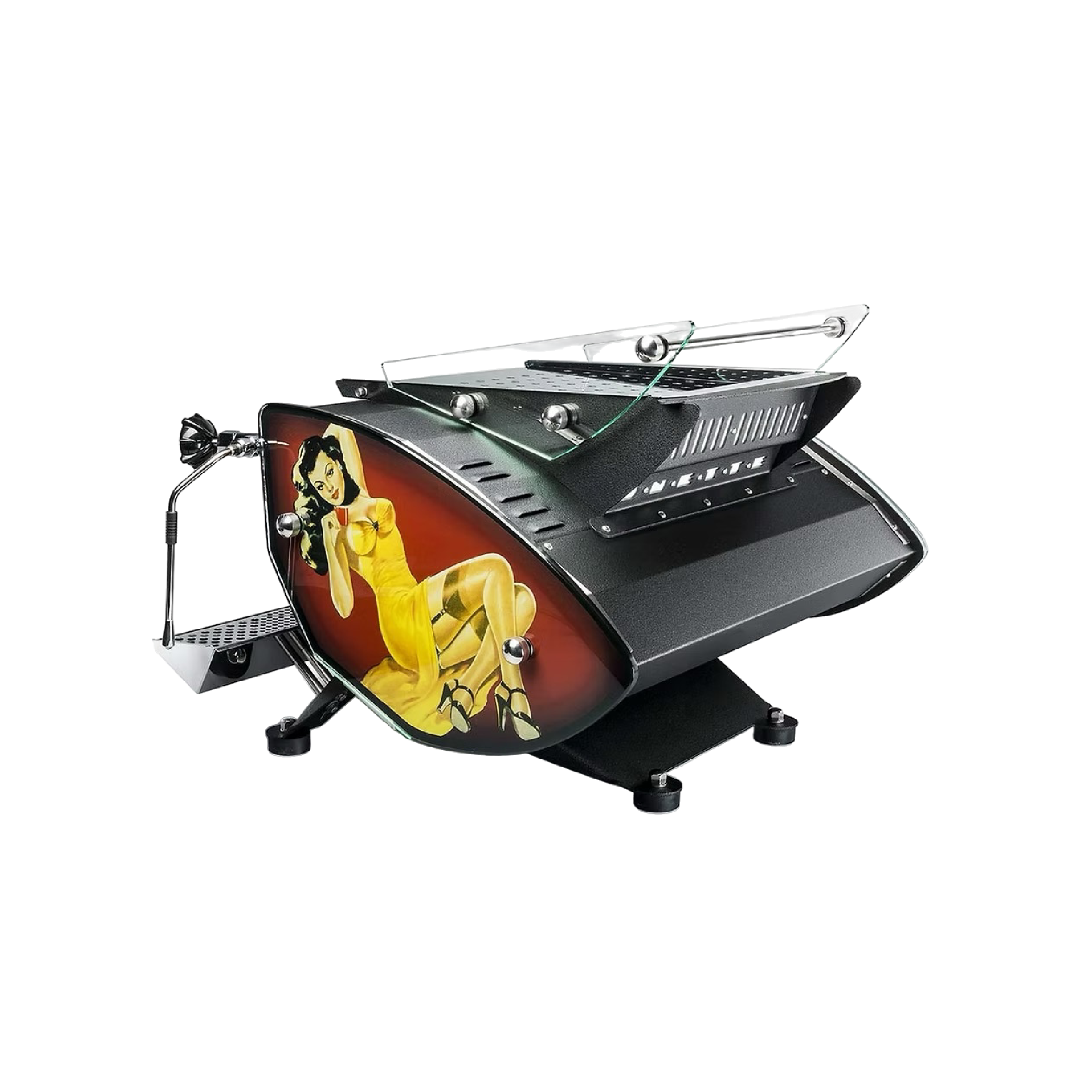 Kees Van Der Westen Mirage Duette. Side back view of the machine in crackle black and custom glass side panel.