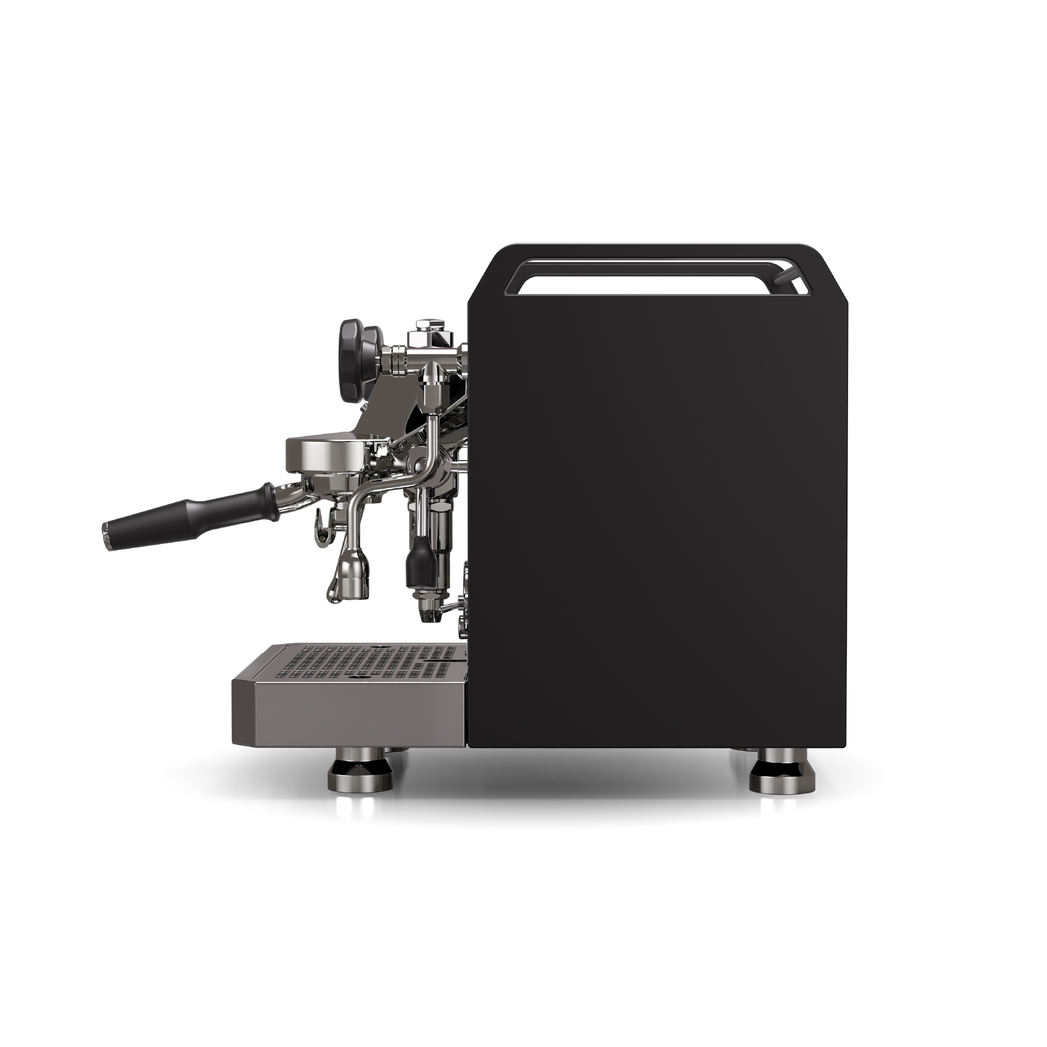 Rocket Mozzafiato R Fast Espresso Machine in matt black. Side view of the machine.