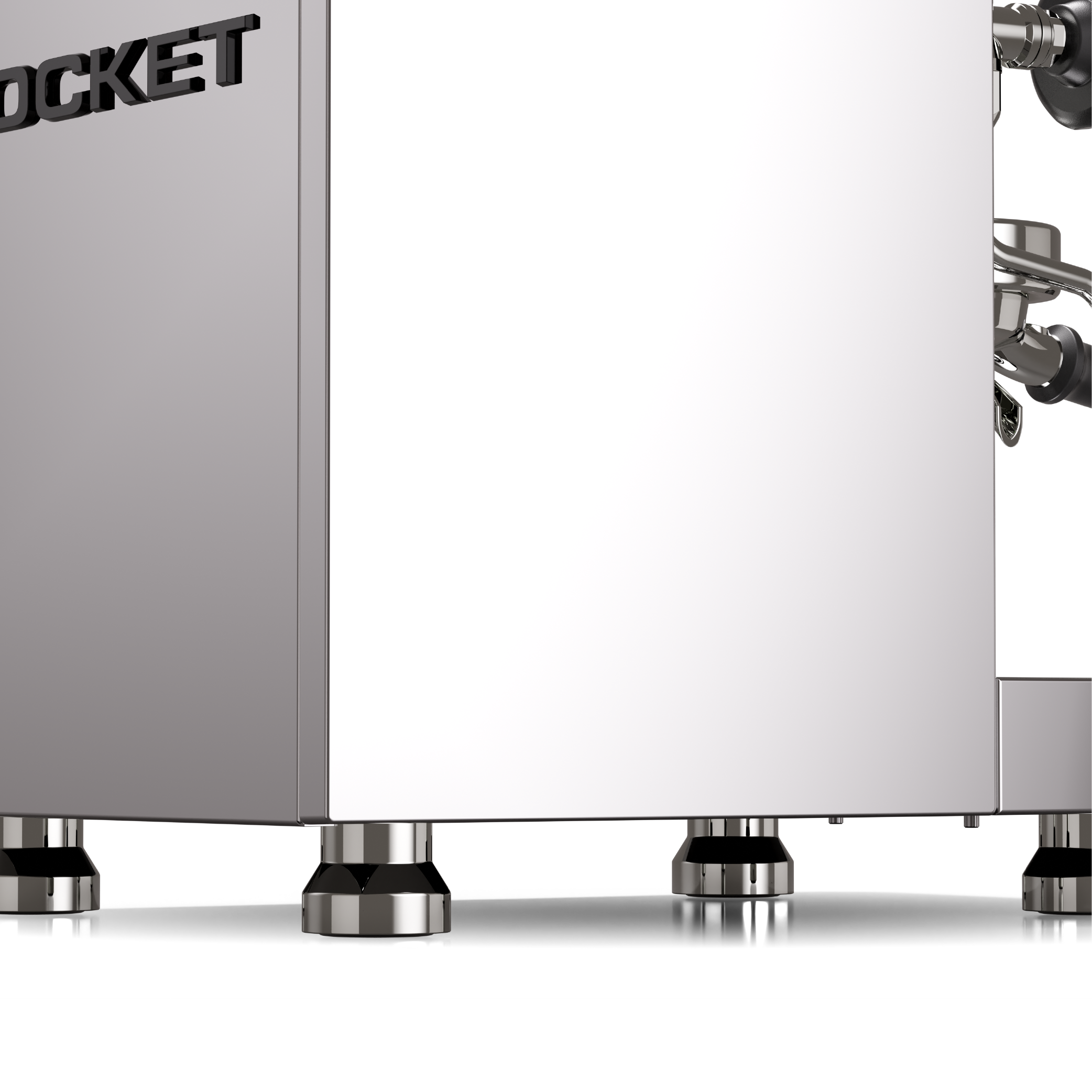 Rocket Mozzafiato R Fast Espresso Machine in stainless steel. Close up of the height adjustable feet.