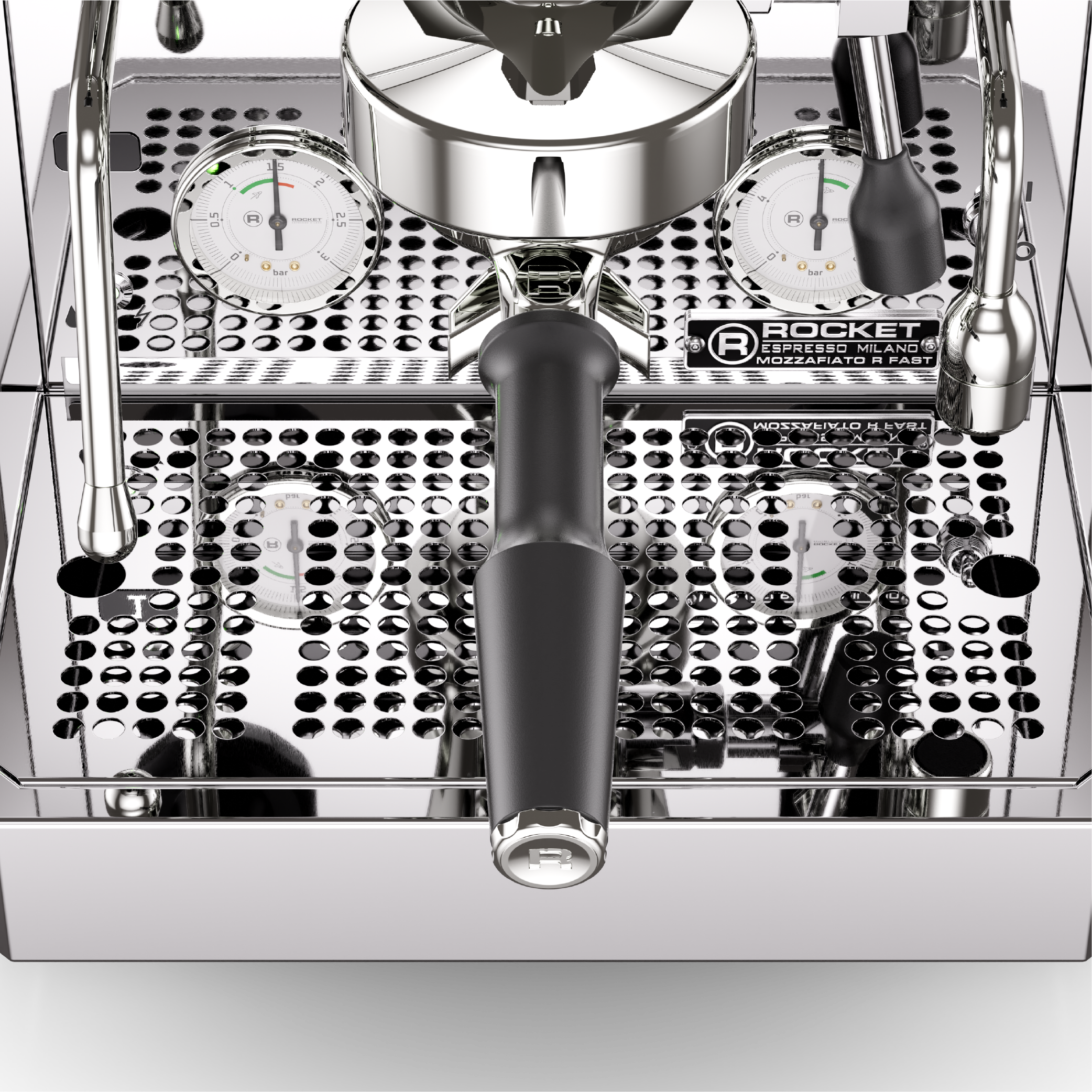 Rocket Mozzafiato R Espresso Machine in stainless steel. Close up top view of the grouphead with portafiter, steamwand, dual pressure gauge and drip tray.
