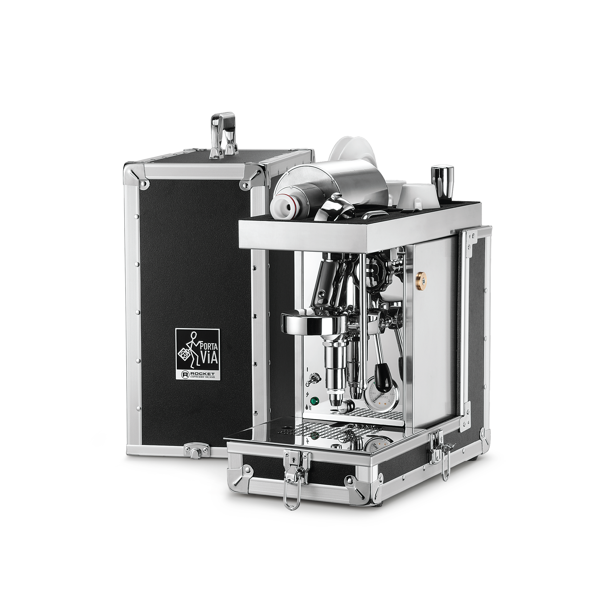 Rocket Espresso Porta Via. Front view of the machine integrated into a durable travel flight case together with the E61 grouphead and other accessories.