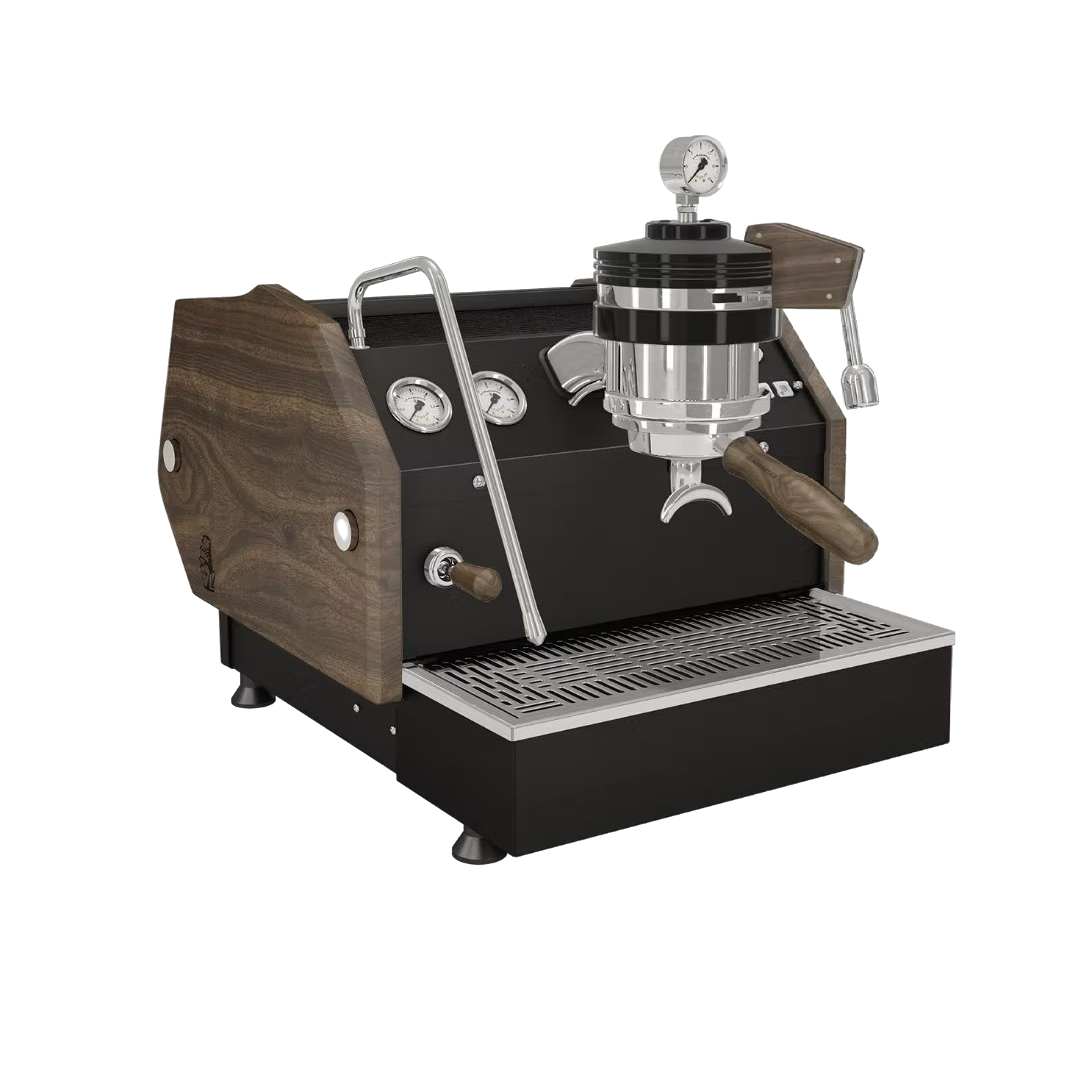 La Marzocco GS3 MP Flat Black Walnut Edition Espresso Machine. Front view of the machine.