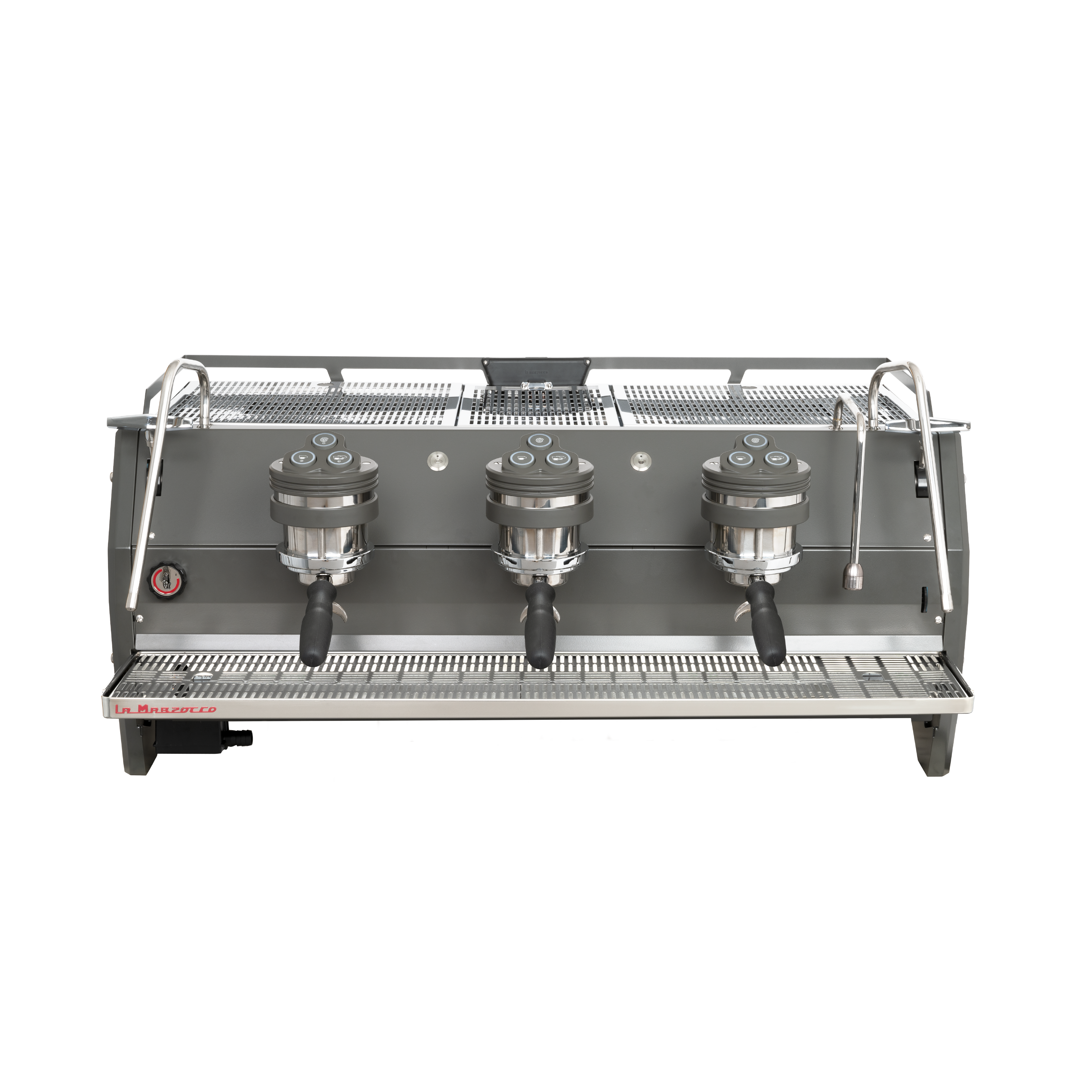 La Marzocco Strada S Commercial Espresso Machine. Front view of the machine in gray with 3 groupheads.