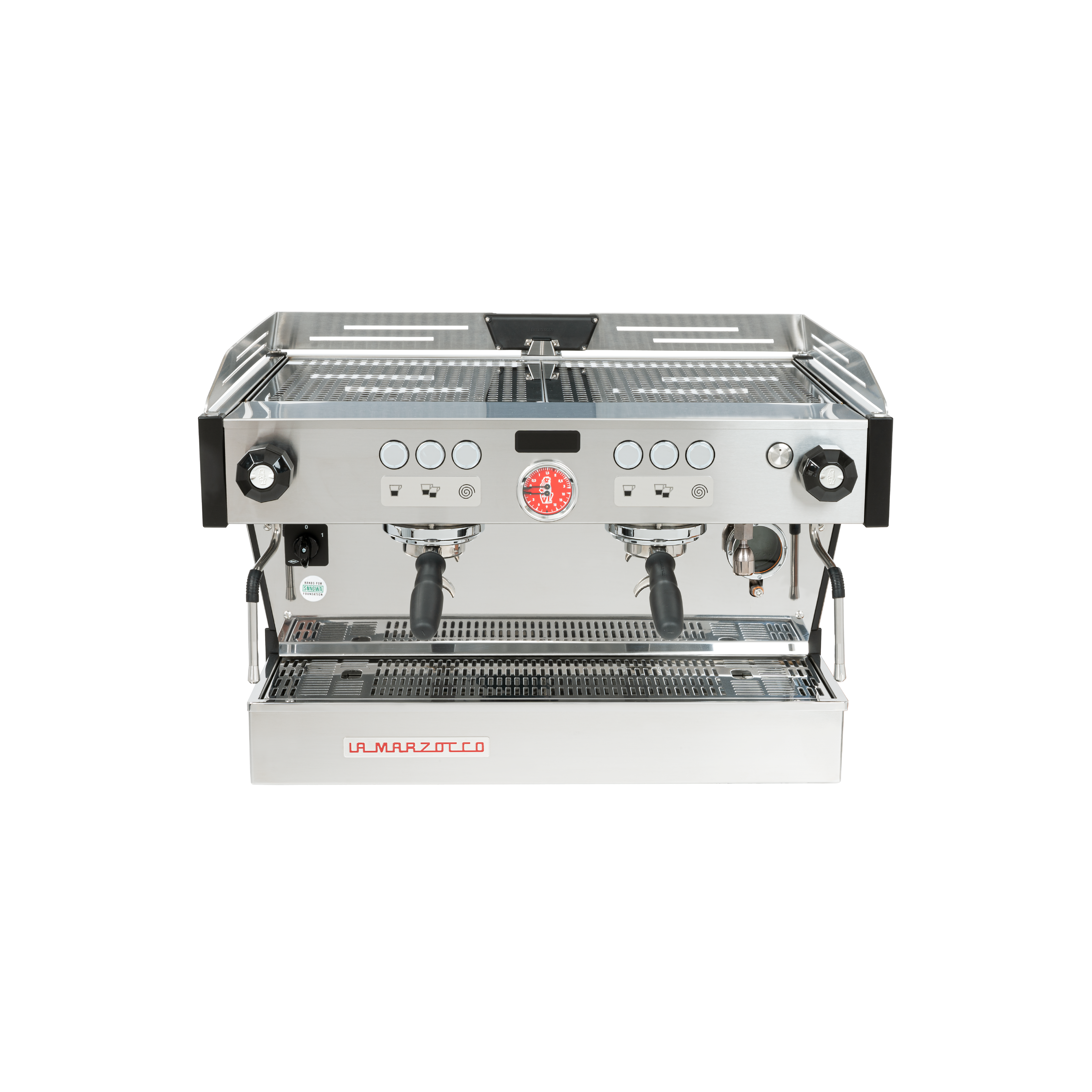 La Marzocco Linea PB Commercial Espresso Machine 2 grouphead. Front view of the machine.