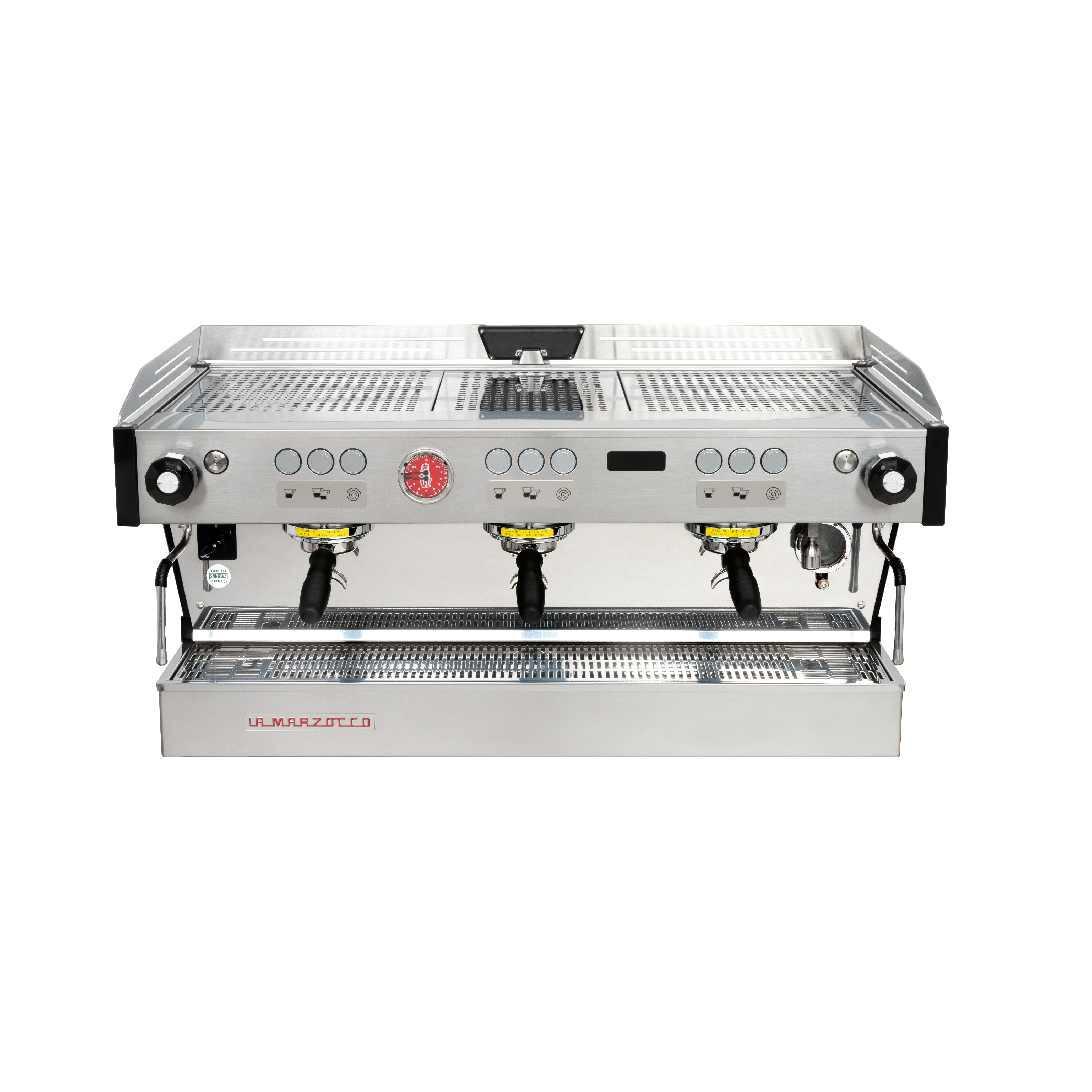 La Marzocco Linea PB Commercial Espresso Machine 3 grouphead. front
view of the machine.