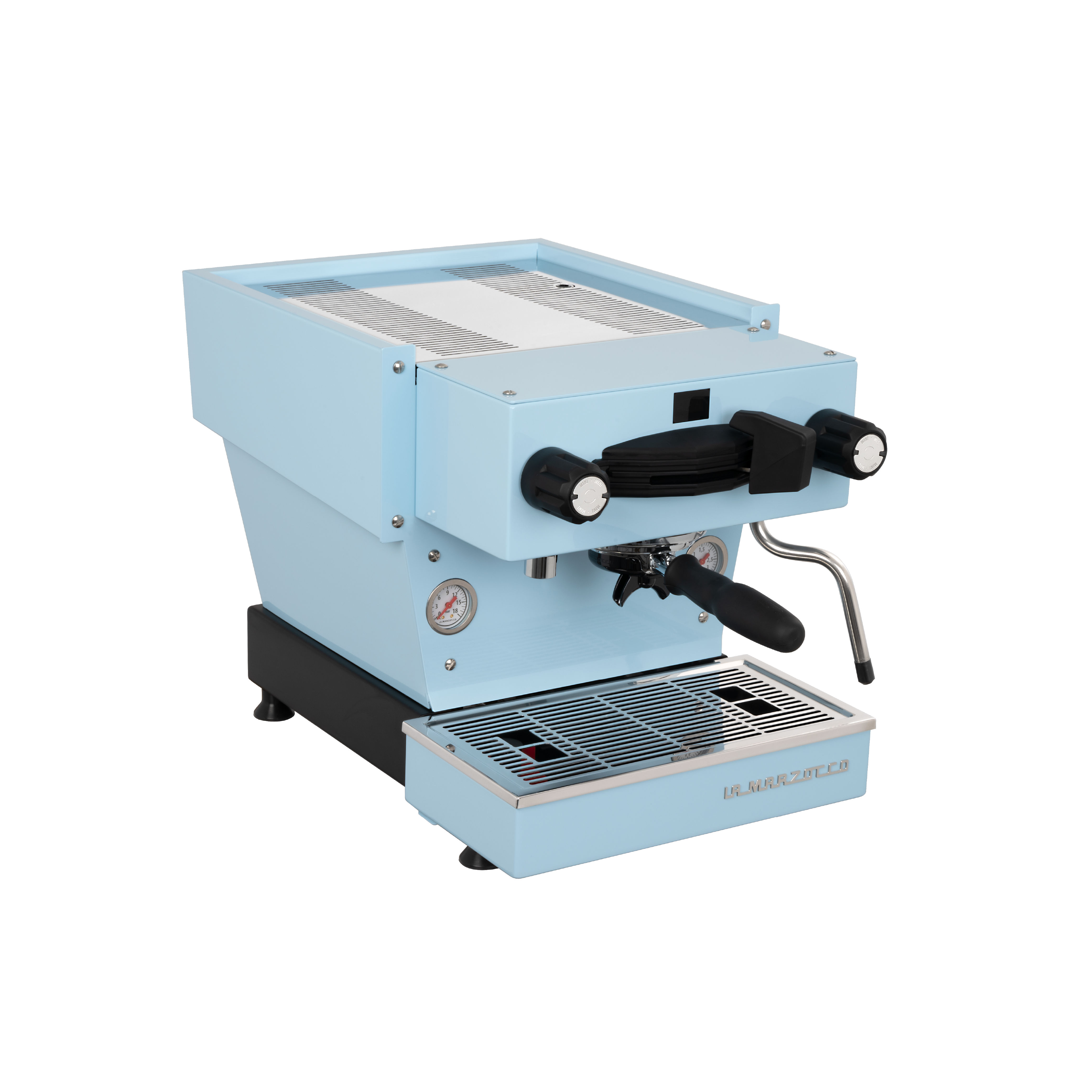 La Marzocco Linea Mini Espresso Machine. Front view of the machine in light blue.