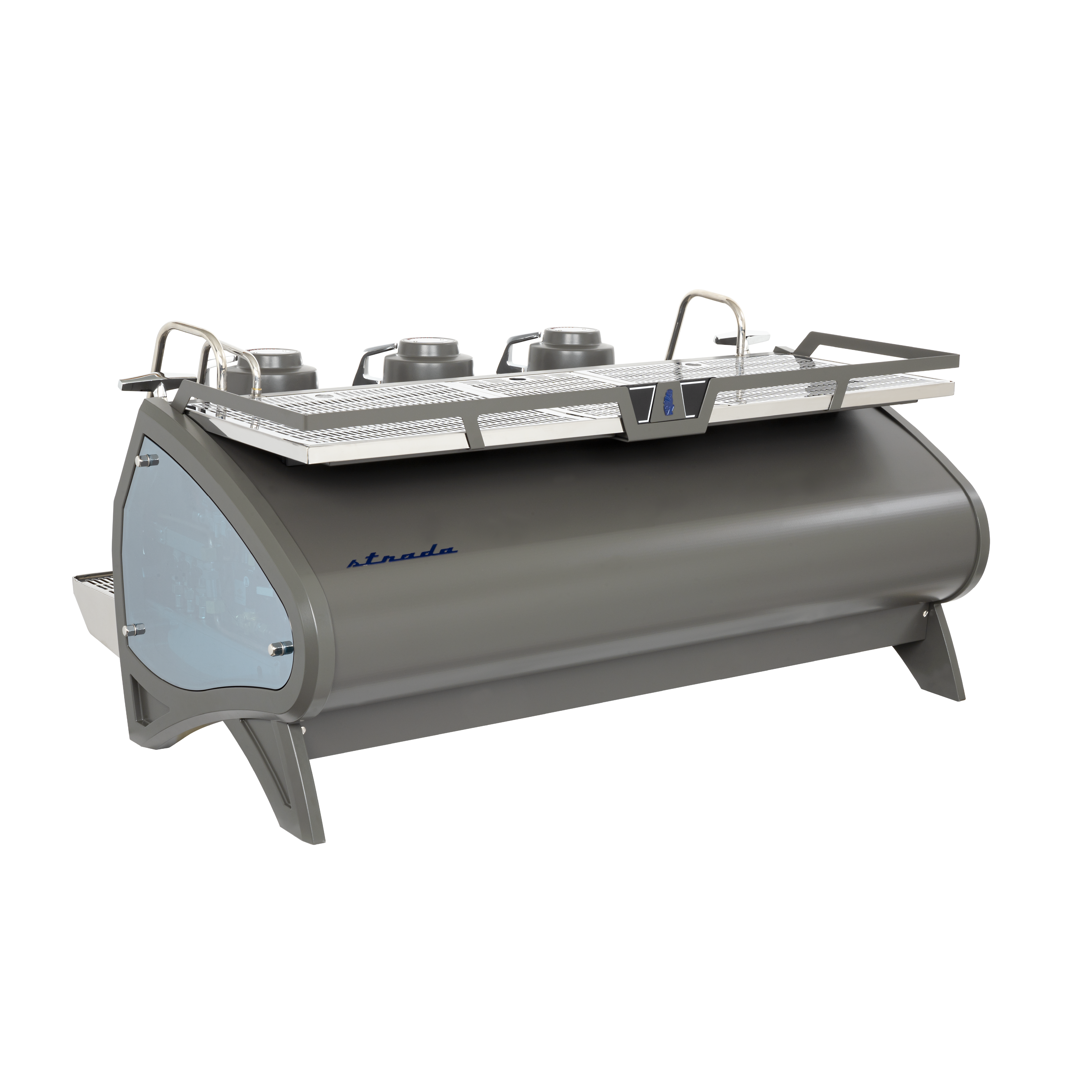 La Marzocco Starda X Commercial Espresso Machine. Back side view of the machine in gray with 3 groupheads and blue detailing.