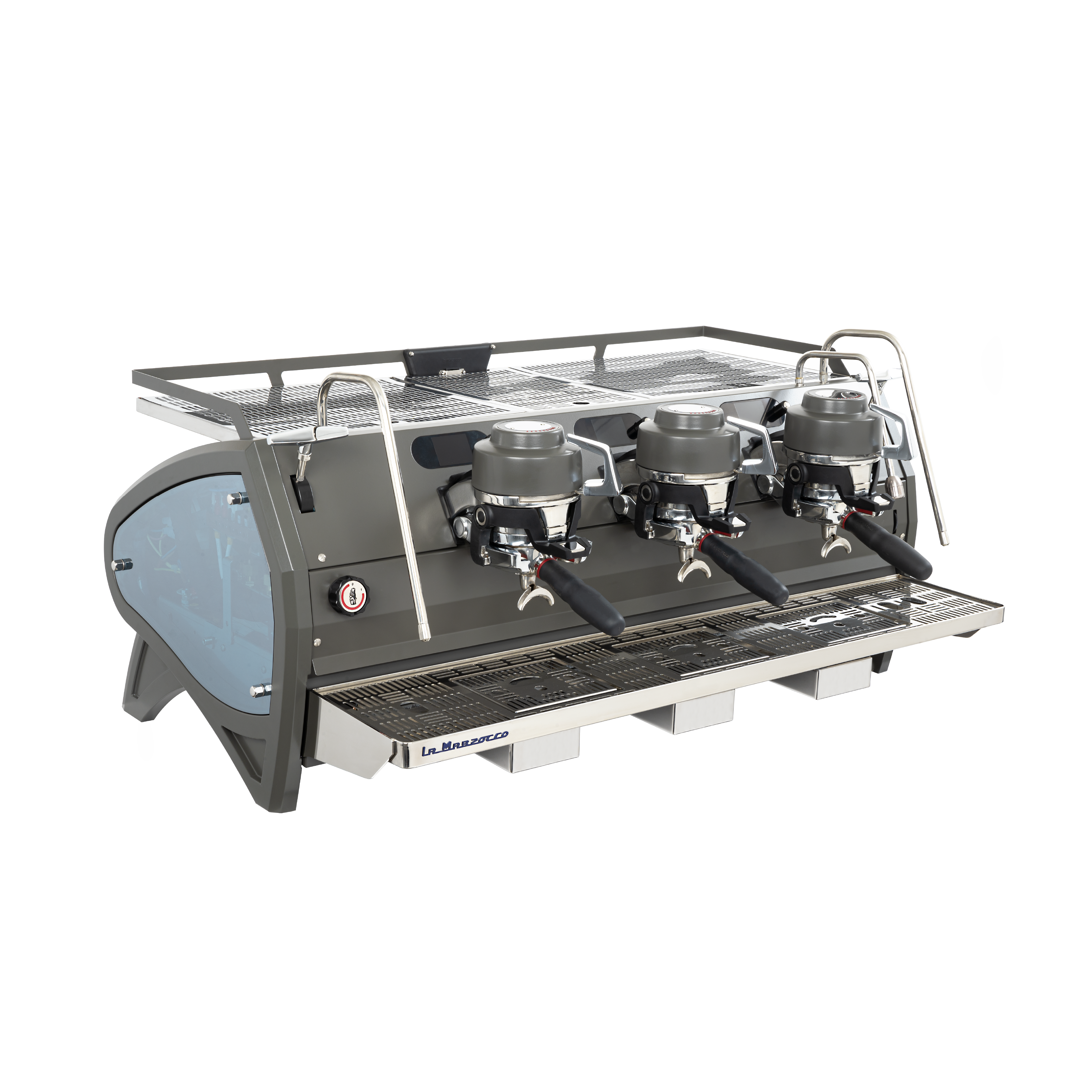 La Marzocco Starda X Commercial Espresso Machine. Front view of the machine in gray with 3 groupheads.
