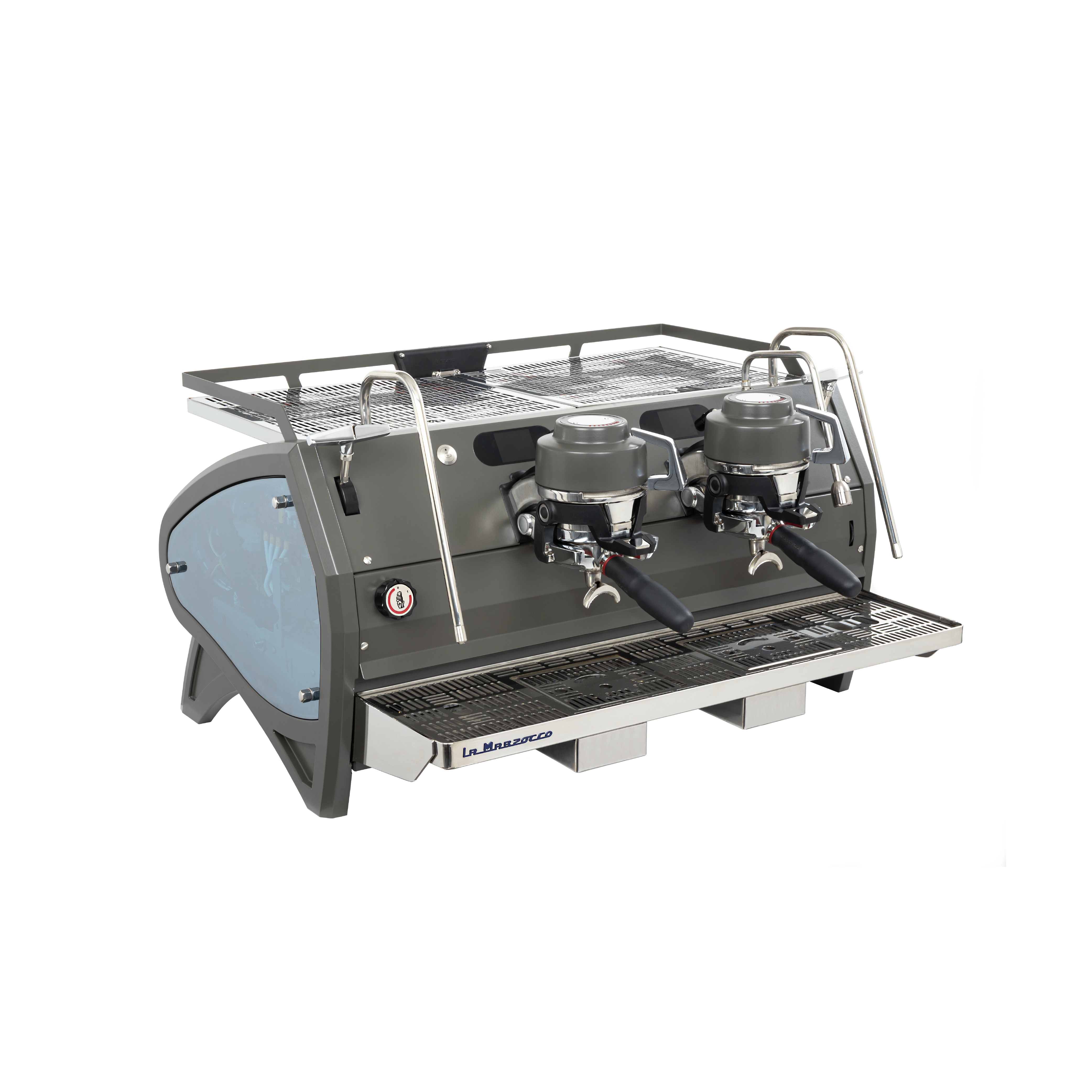 La Marzocco Starda X Commercial Espresso Machine 2 groupheads in gray. Front view of the machine.
