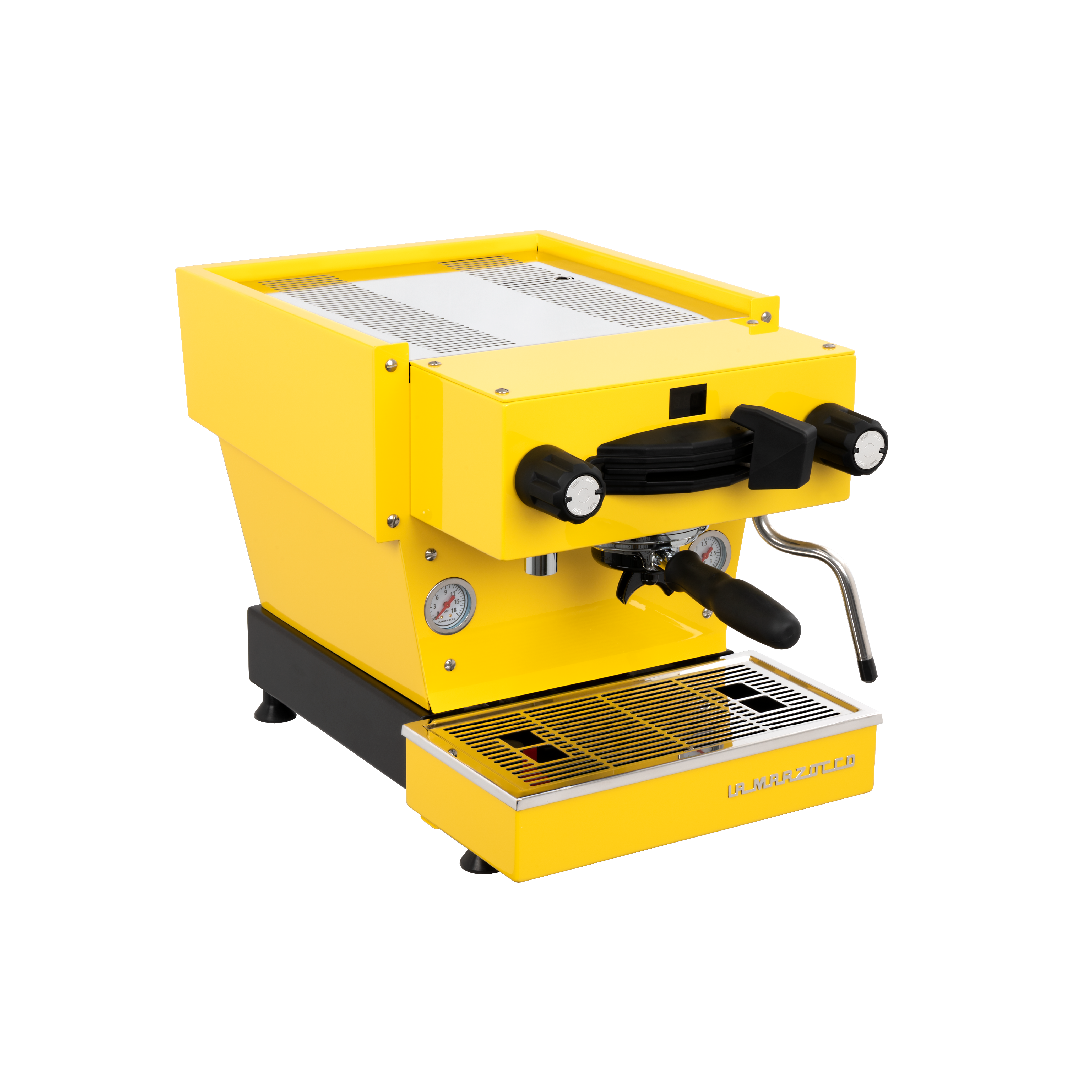 La Marzocco Linea Mini Espresso Machine. Front view of the machine in yellow.