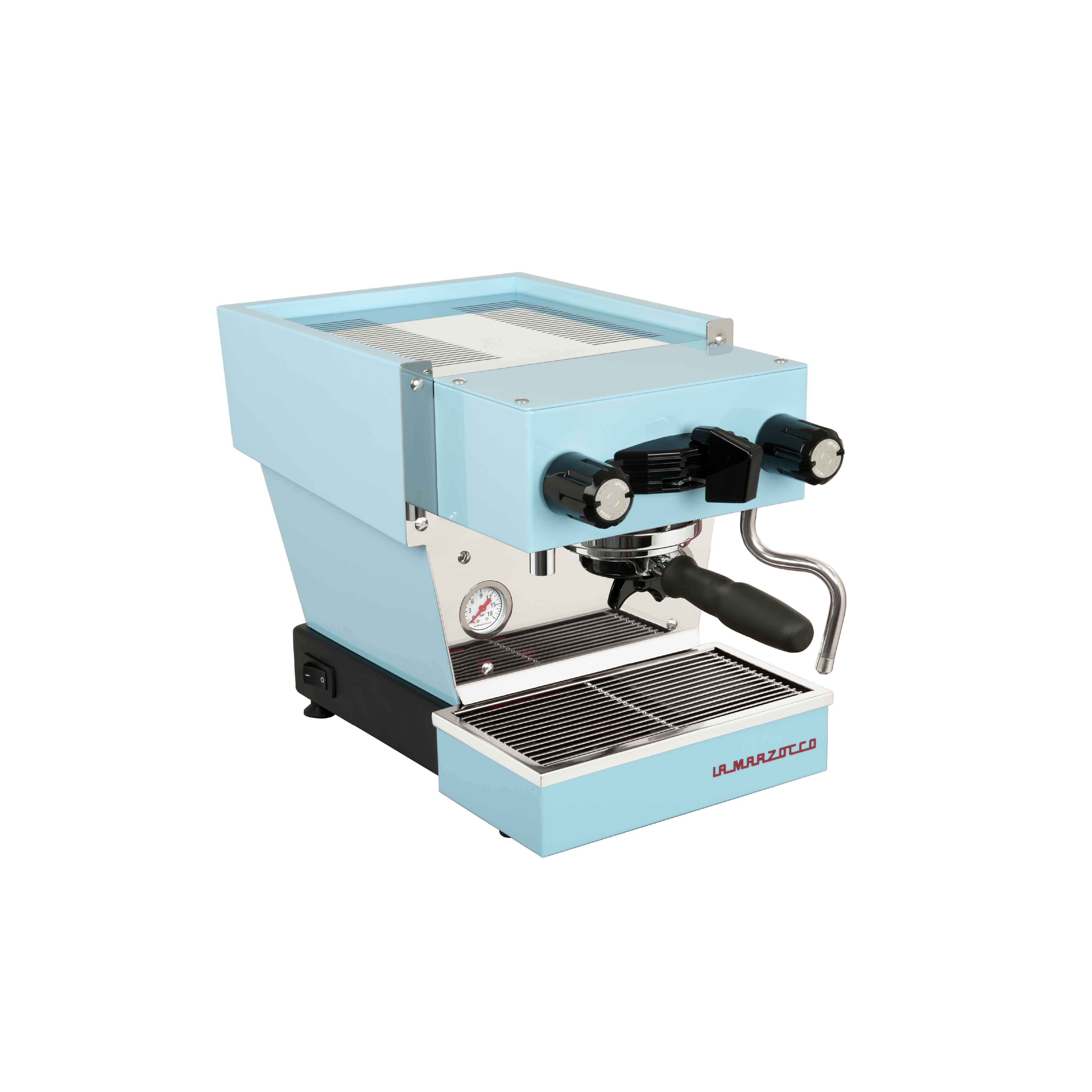 La Marzocco Linea Micra Espresso Machine in blue. Front view of the machine.