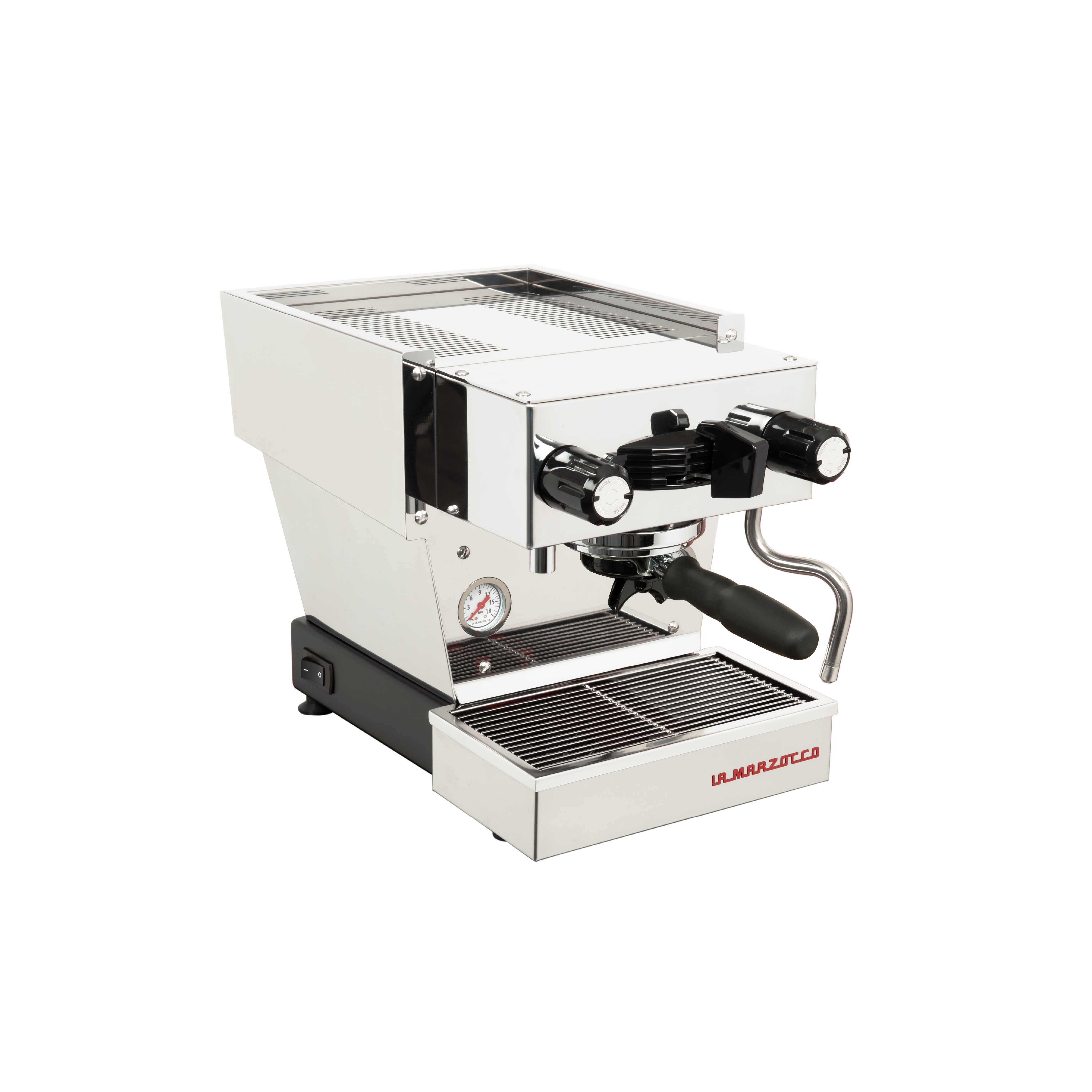 La Marzocco Linea Micra Espresso Machine in chrome. Front view of the machine.