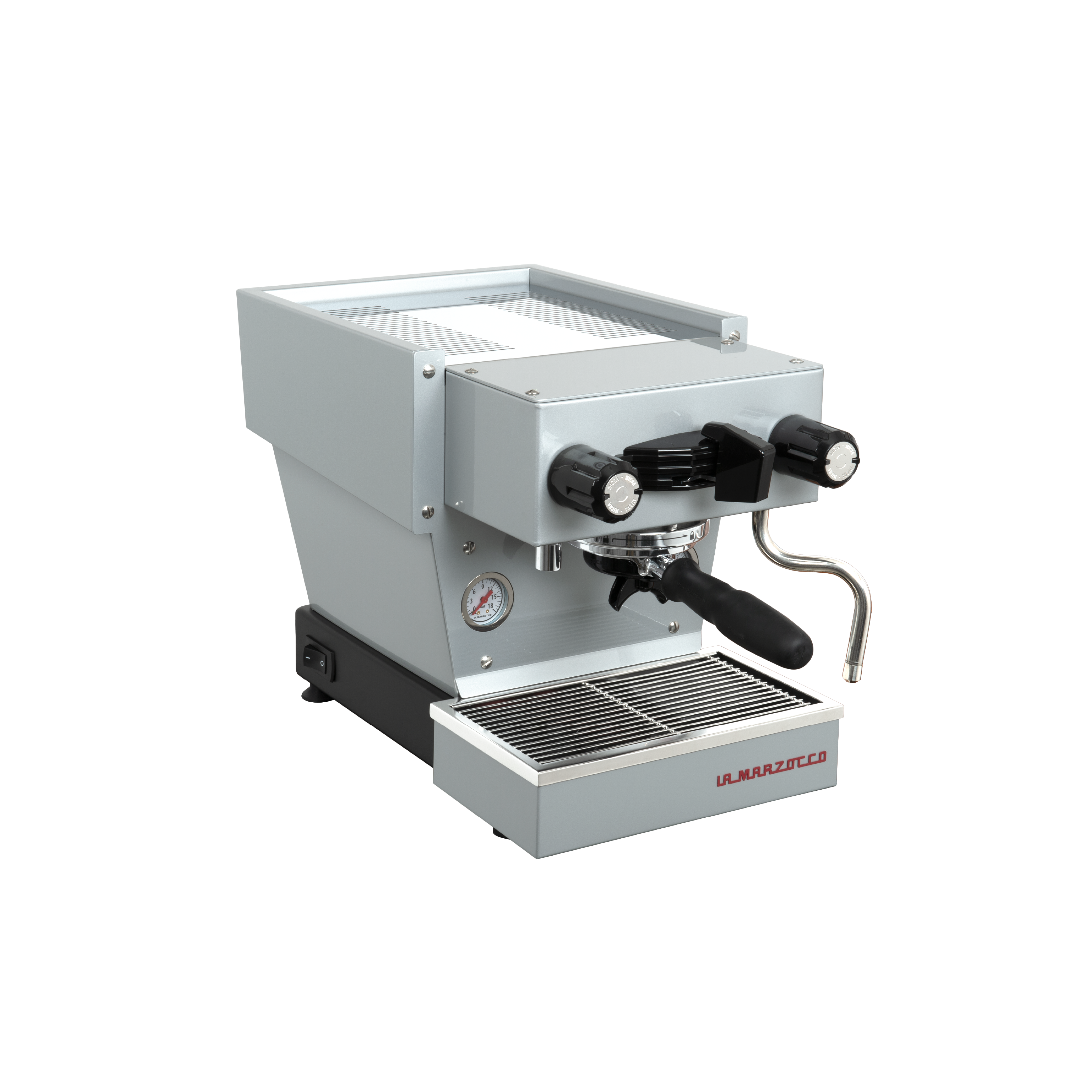 La Marzocco Linea Micra Espresso Machine in satin silver. Front view of the machine.