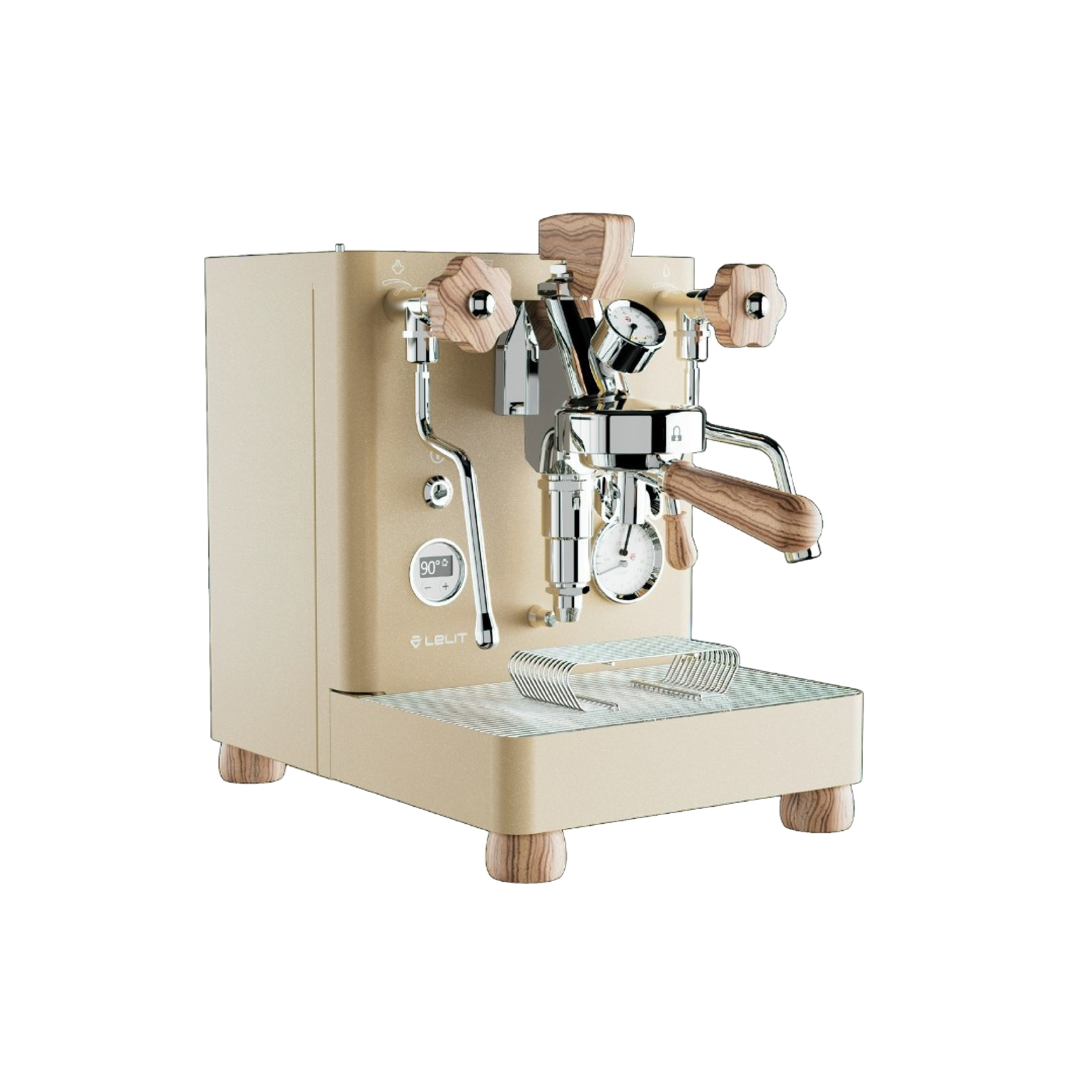 Lelit Bianca V3 Espresso Machine in gold. Front view of the machine.