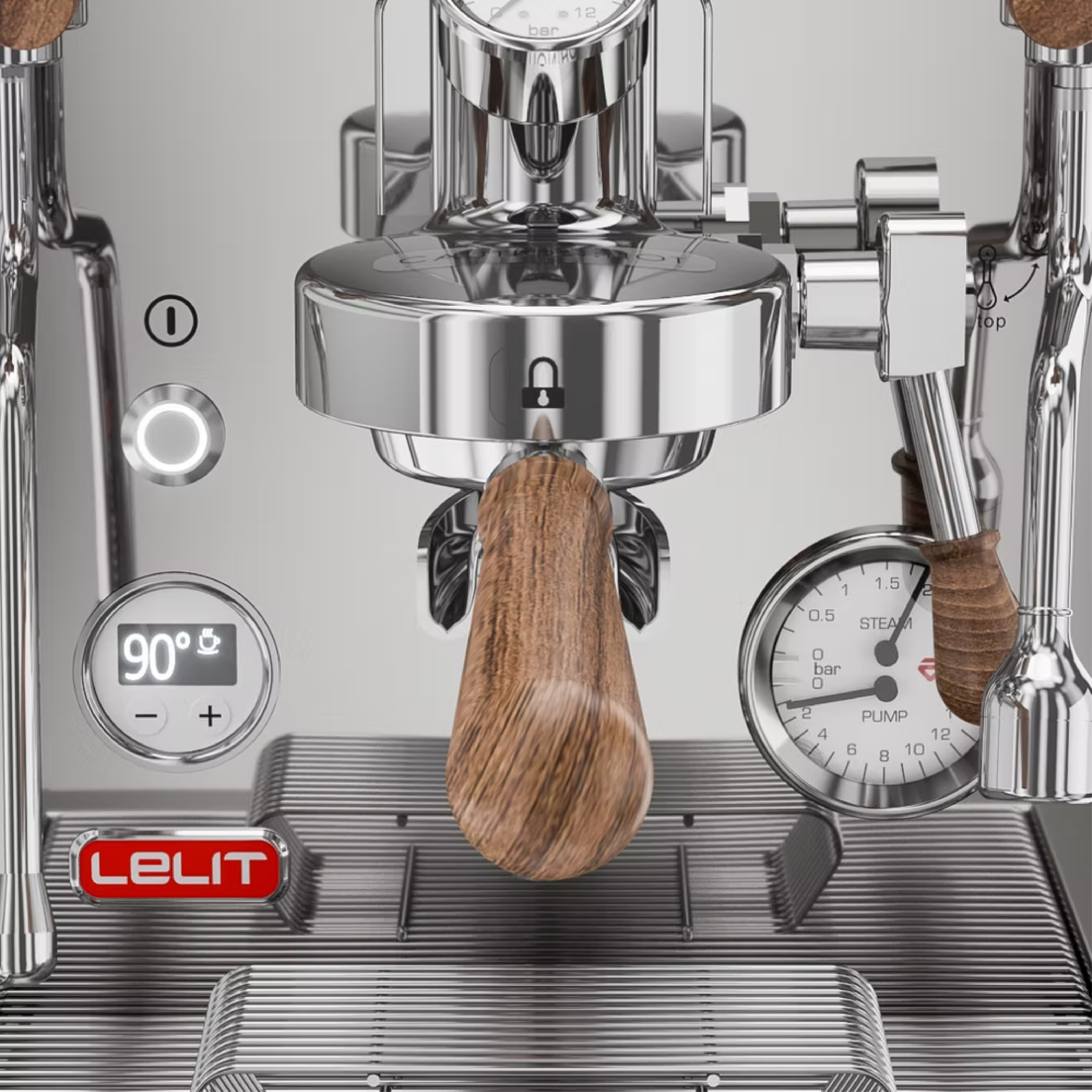 Lelit Bianca V3 Espresso Machine in polished stainless steel. Close up front view of the L58E group, LCC, double manometer and walnut wood portafilter holder.