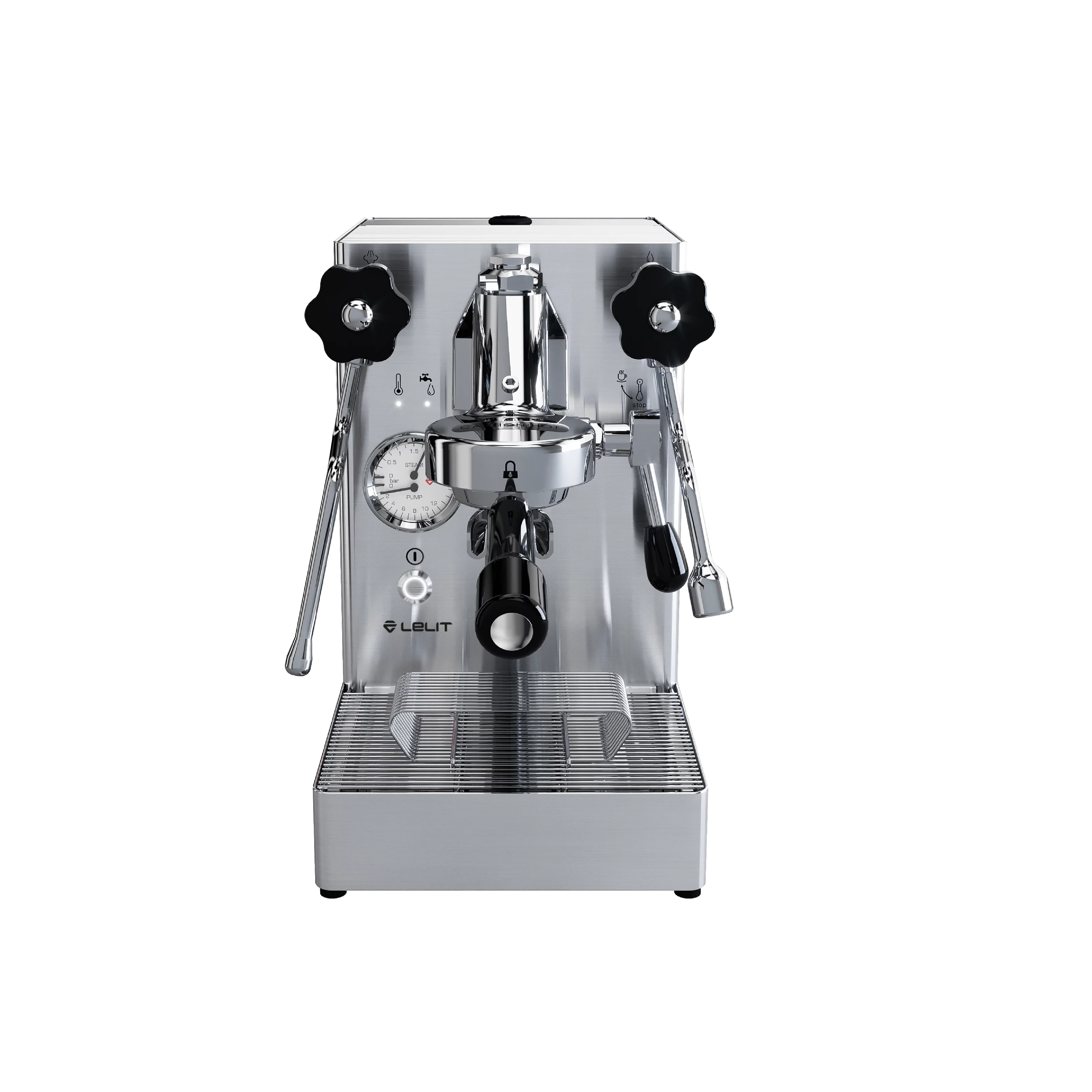 Lelit Mara X V2 (PL62X) Espresso Machine in stainless steel. Front view of the machine.