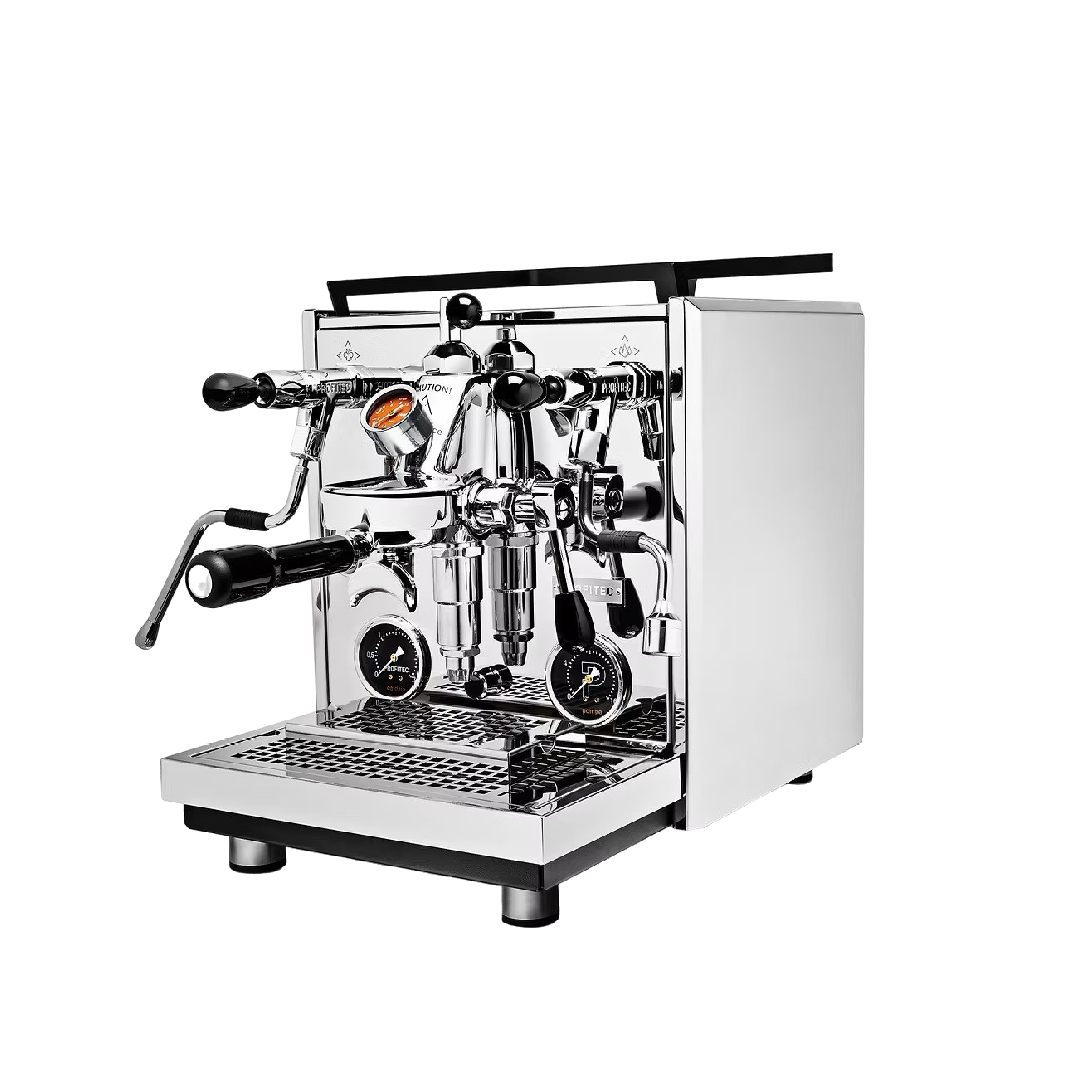 Profitect Drive Dual Boiler Espresso Machine in stainless steel. Front view of the machine.