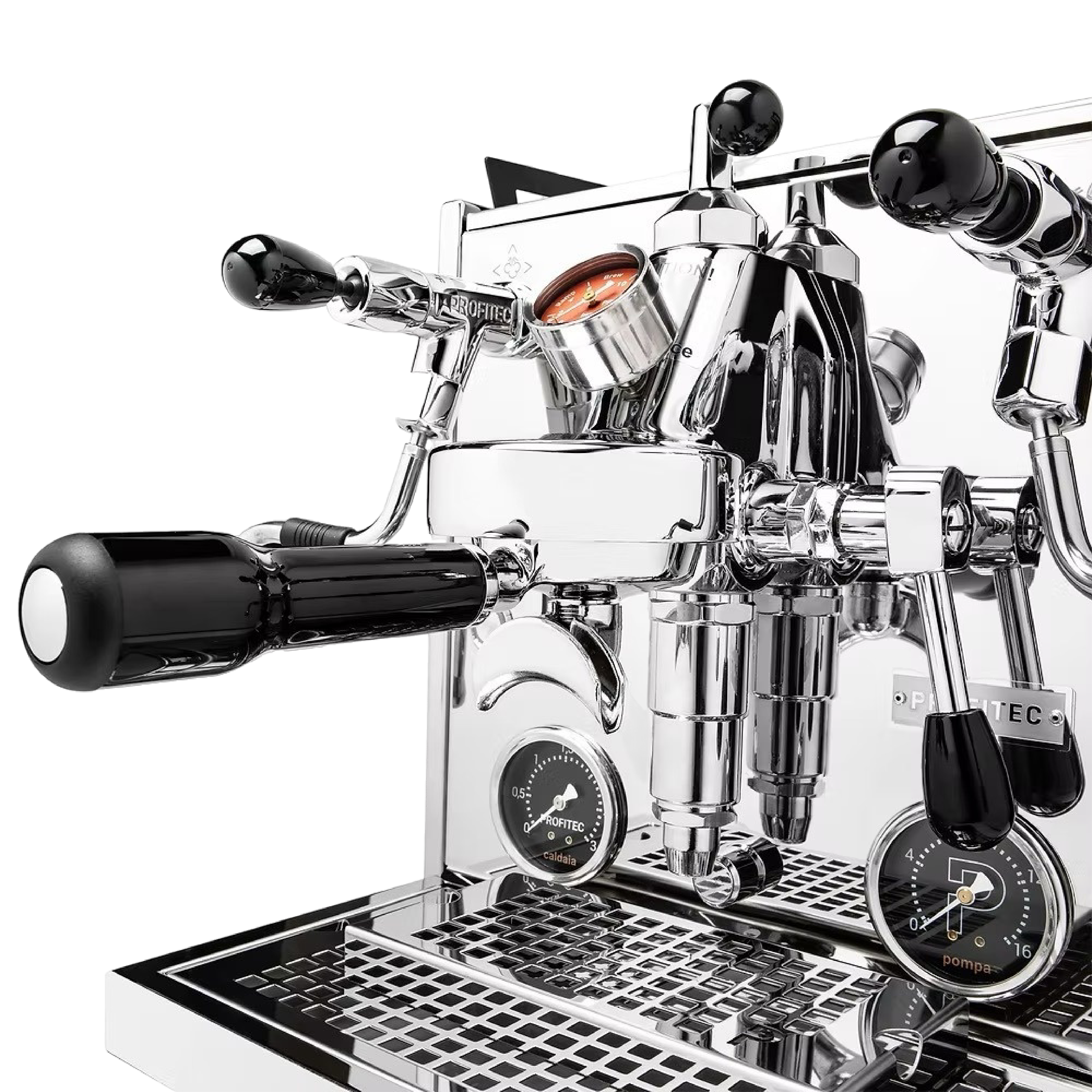 Profitect Drive Dual Boiler Espresso Machine in stainless steel. Close up the brew group, joystick valves, steam manometer and coffee manometer.