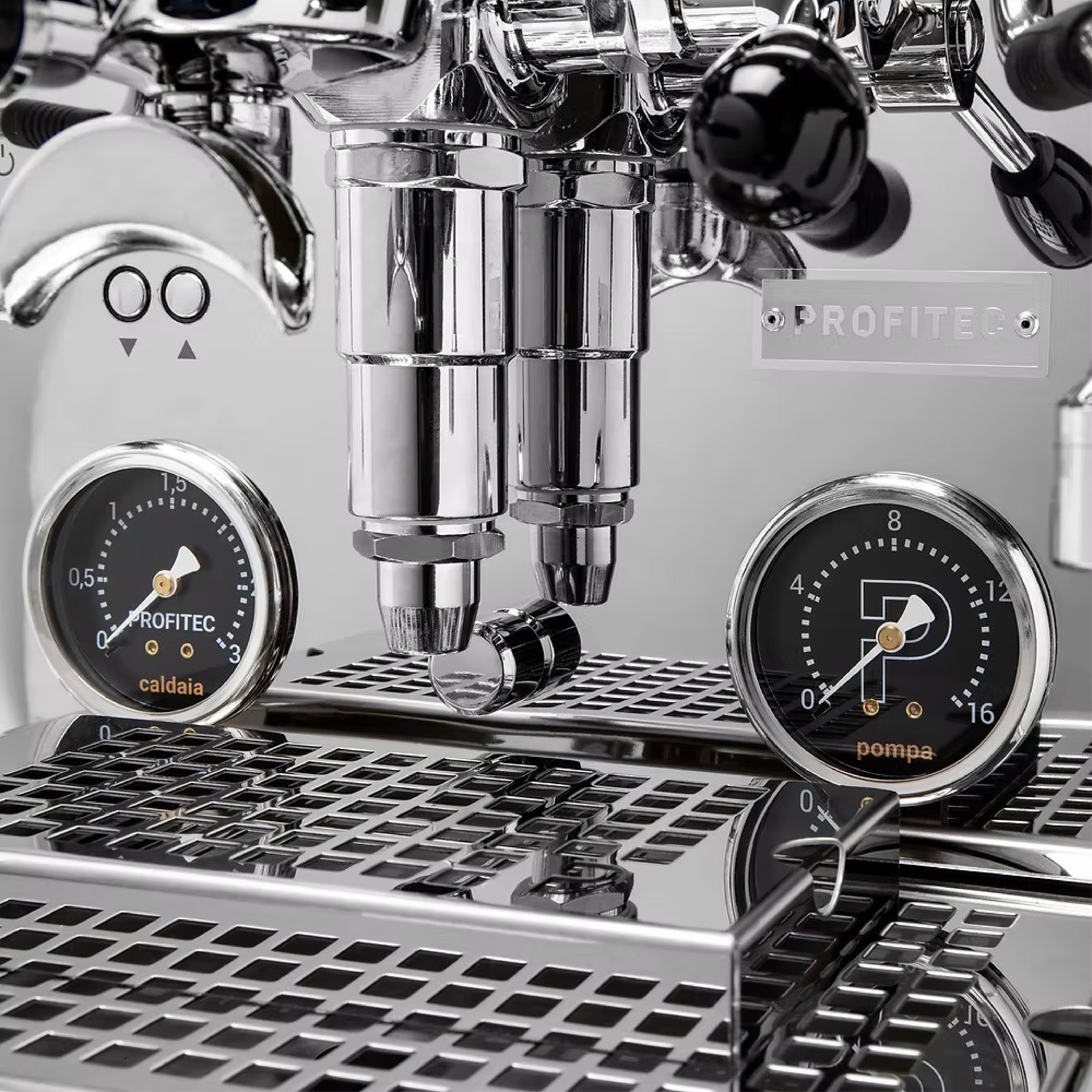 Profitect Drive Dual Boiler Espresso Machine in stainless steel. Close up of the steam manometers and coffee manometer.
