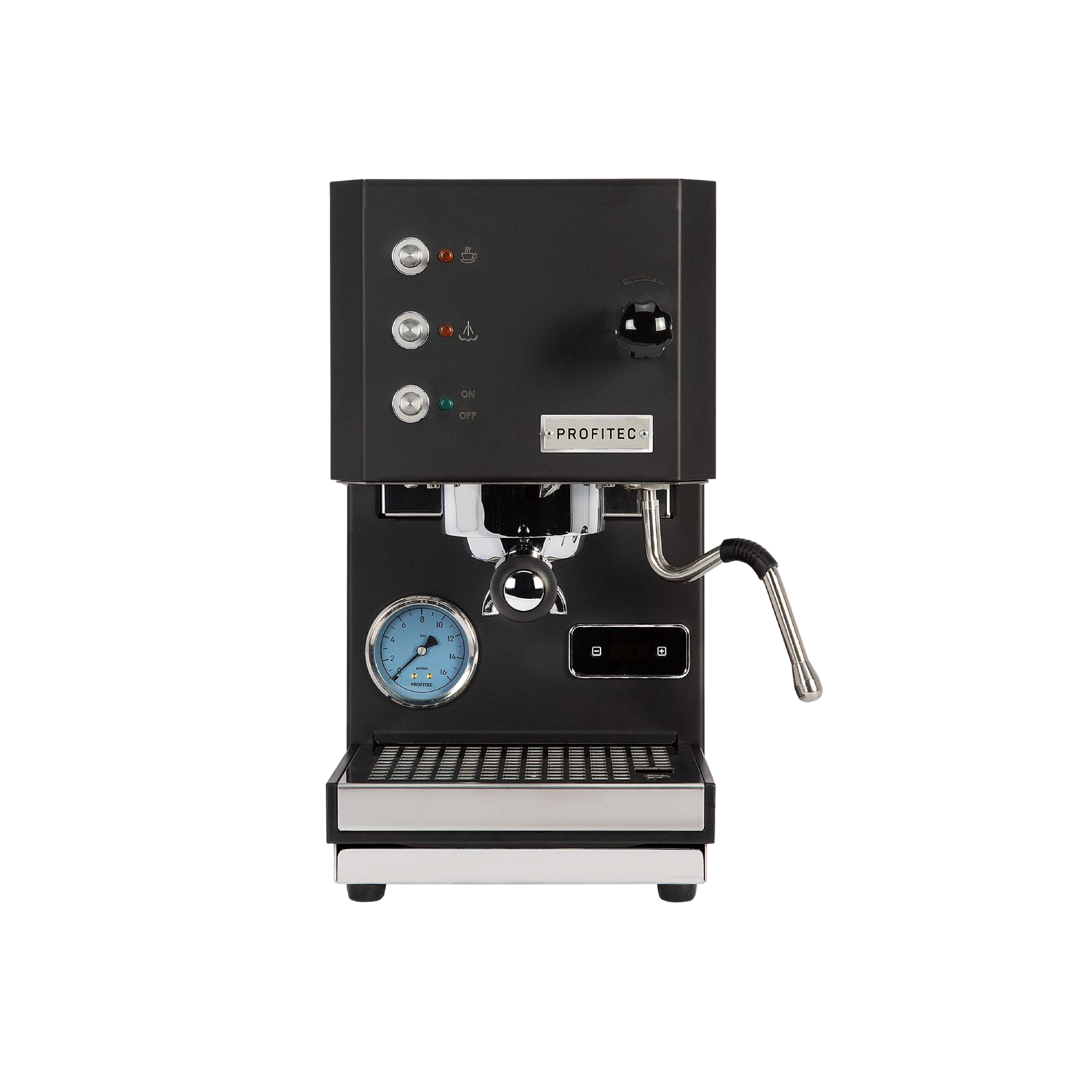 Profitec Pro GO Espresso Machine in black. Front view of the machine.