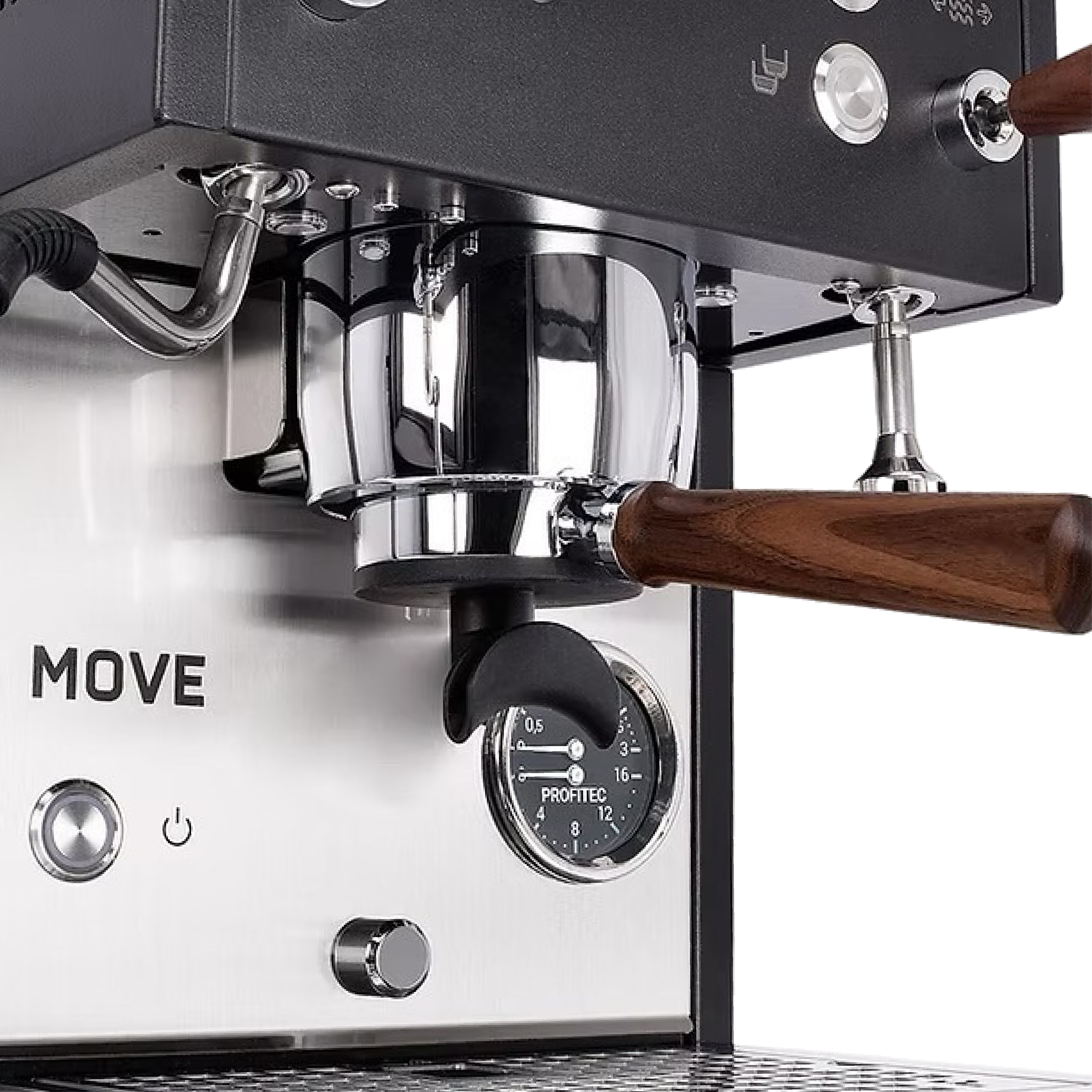Profitect MOVE Dual Boiler Espresso Machine. Close up of manometer and grouphead with american walnut wood handle.
