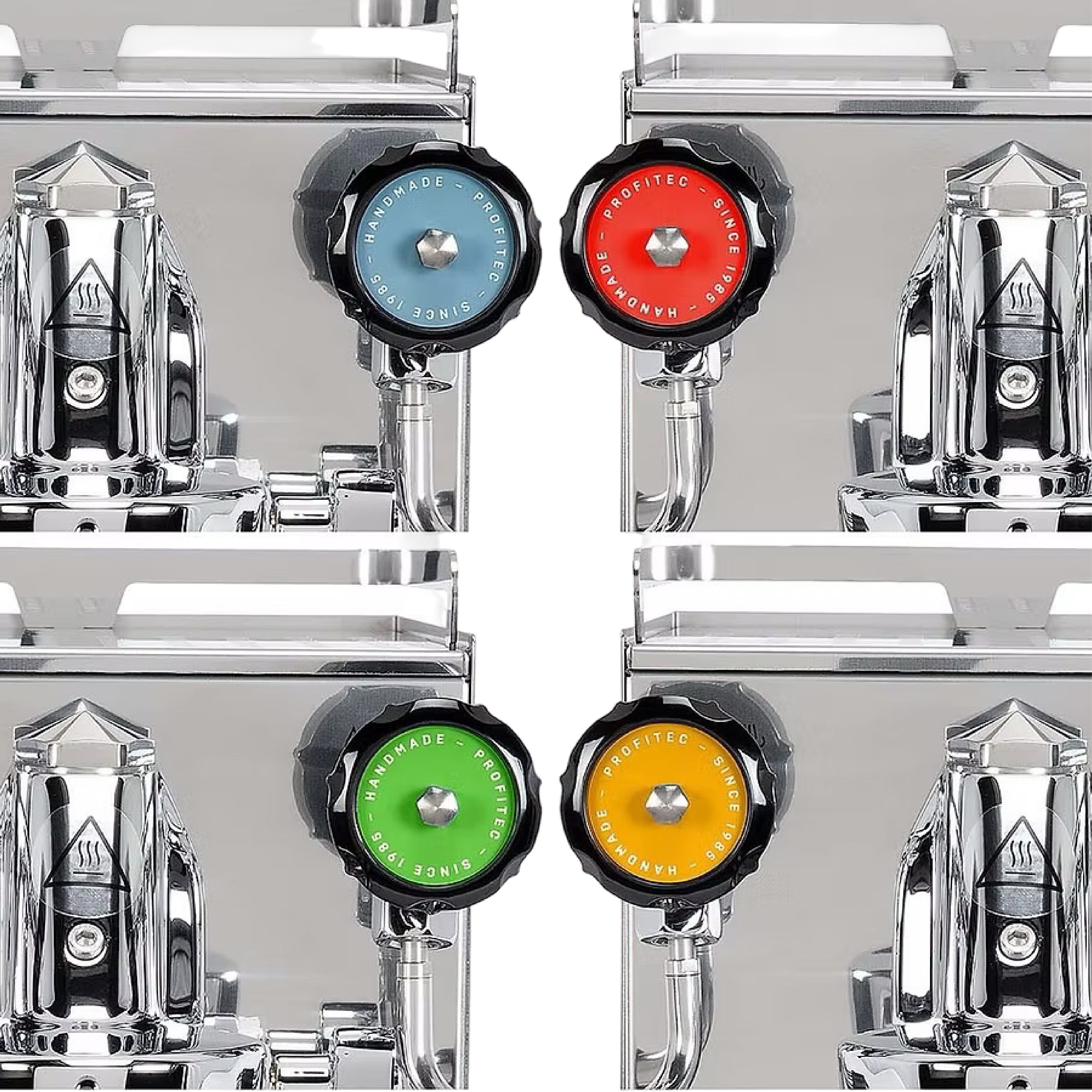 Profitec Pro 400 Espresso Machine. Close up of 4 different colored valve disclets.