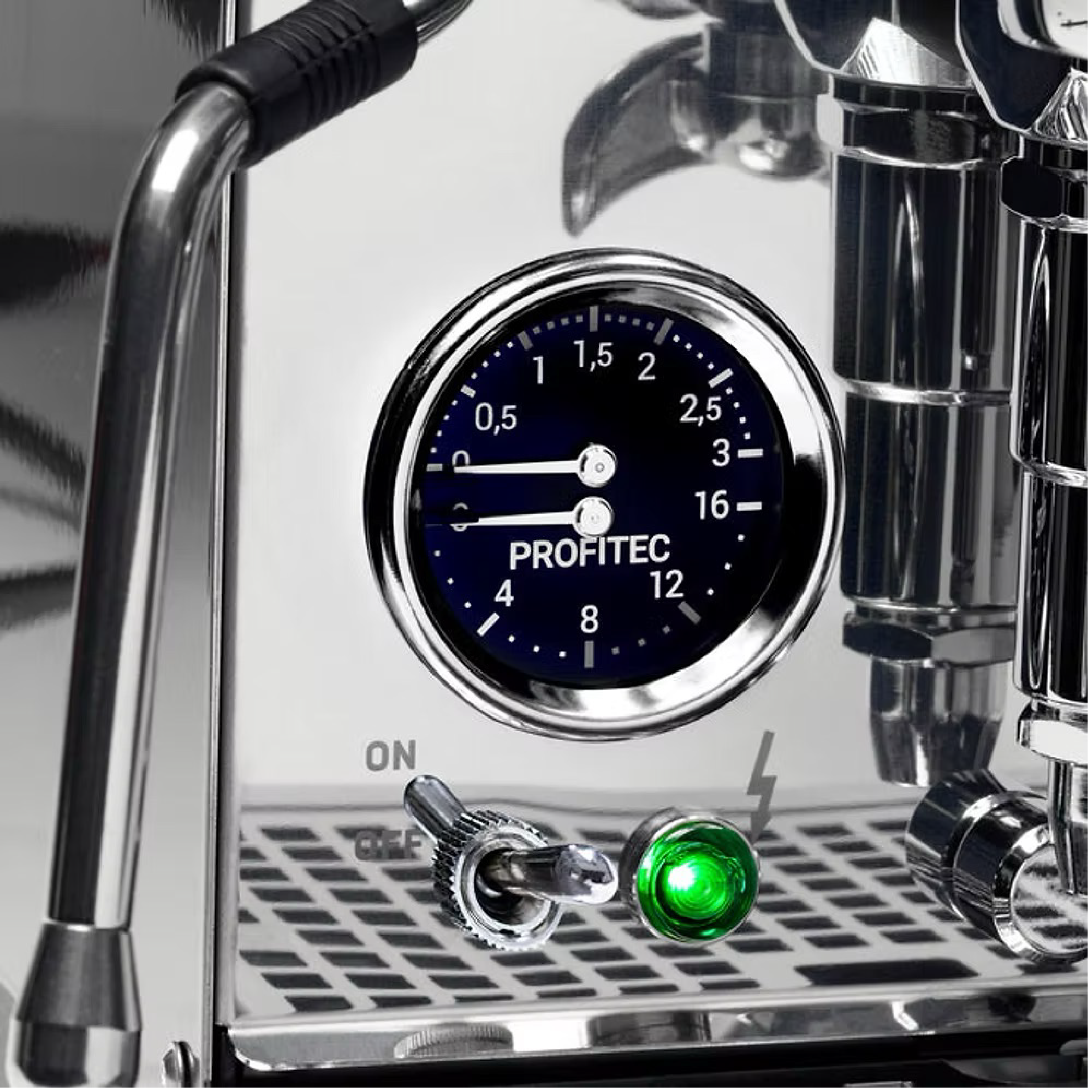 Profitec Pro 400 Espresso Machine. Close up of the dual gauge.