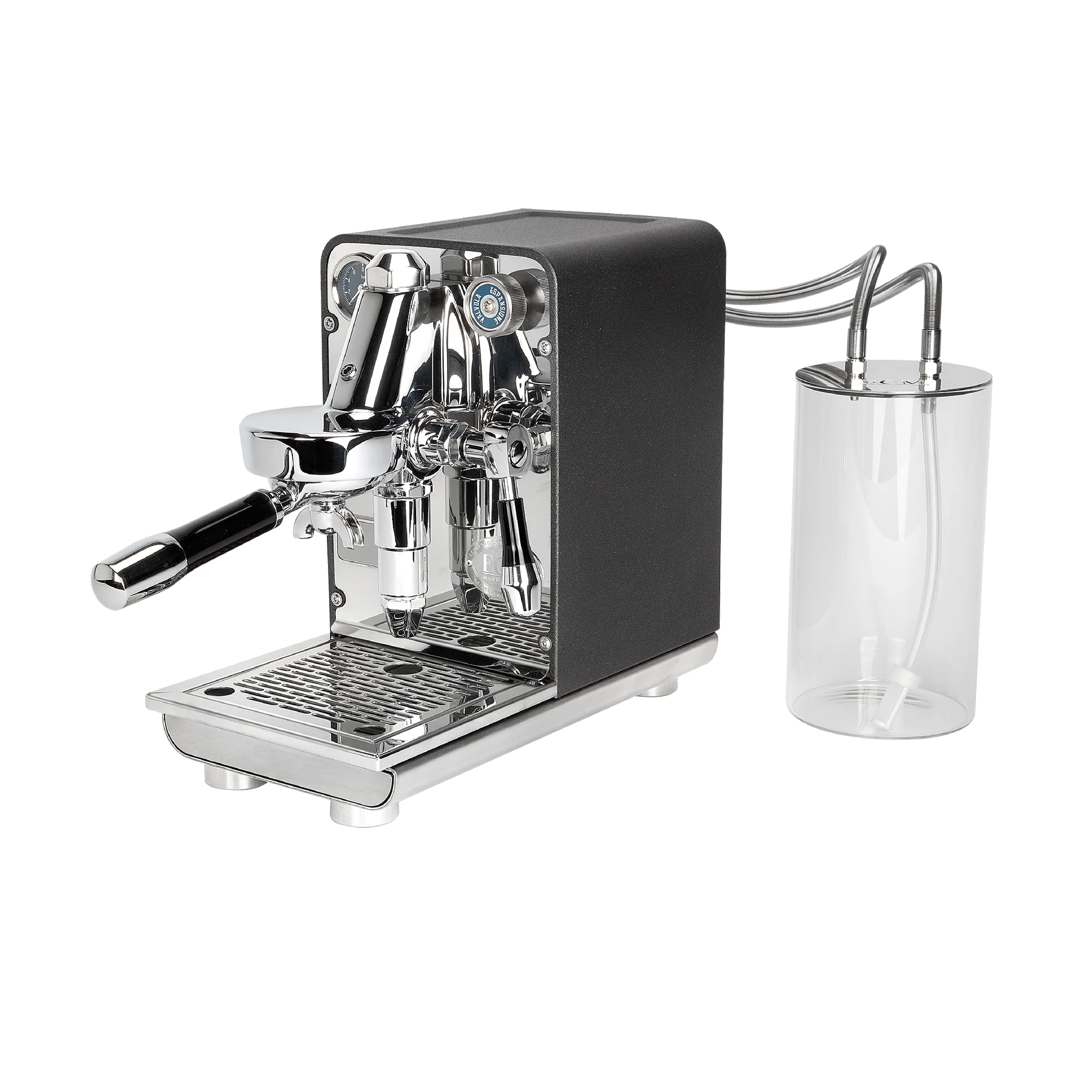 ECM Puristika Espresso Machine. Front view of the machine with glass water tank on the left side.