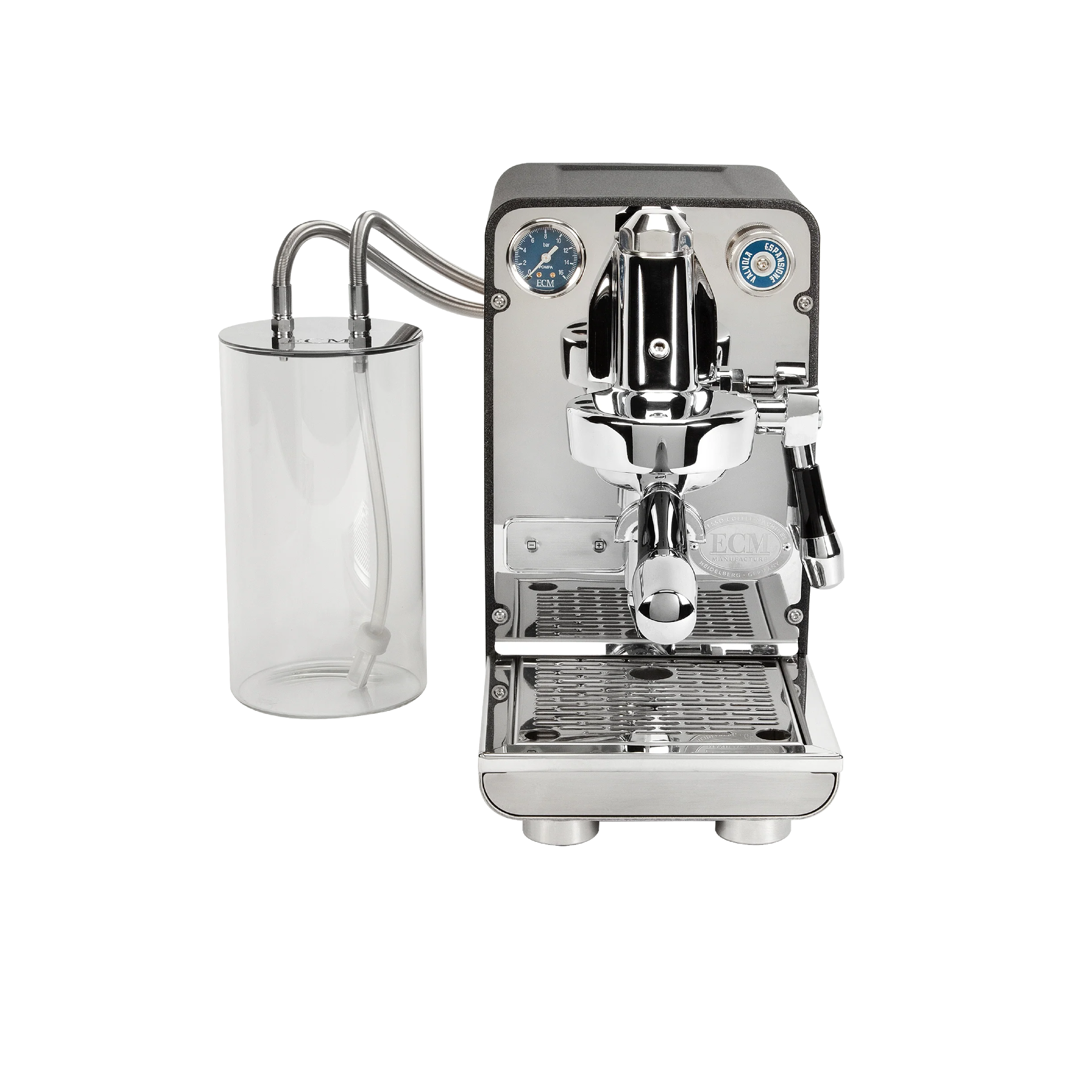 ECM Puristika Espresso Machine. Front view of the machine with glass water tank on the right side.
